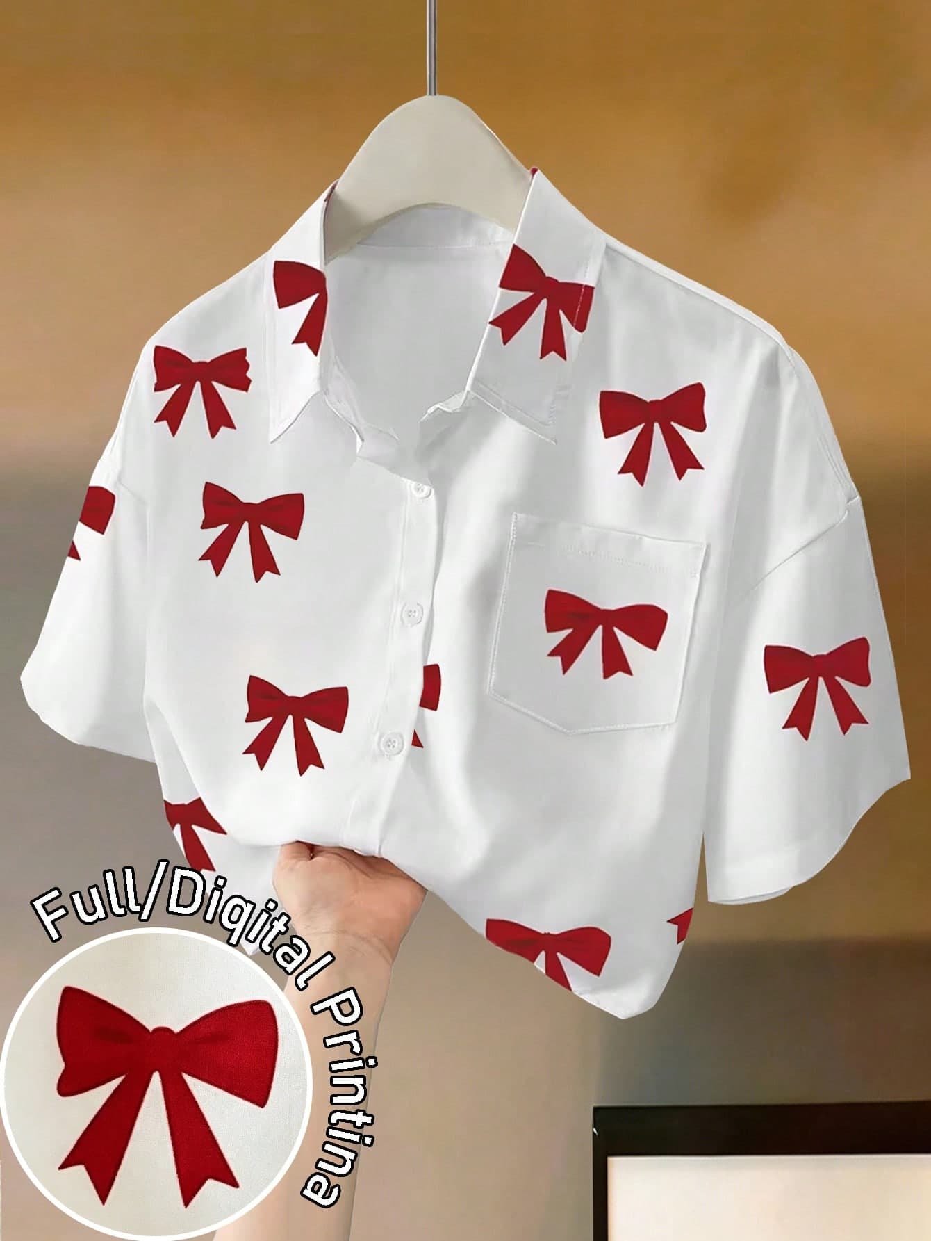 Resyla Cropped Bow Print Shirt Collar Drop Shoulder Short Sleeve Top