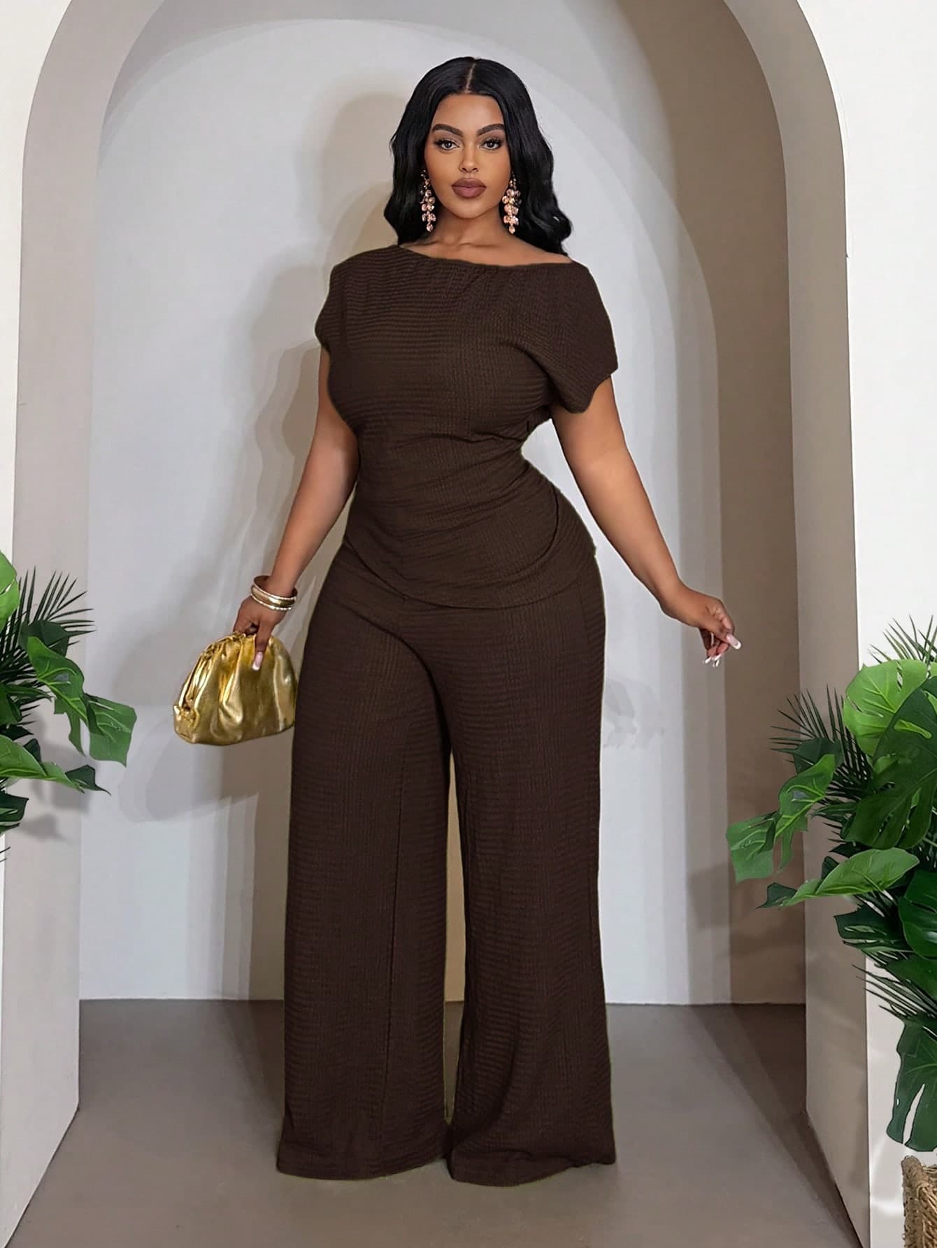 Veslaya Women's Plus Size Brown Autumn Smart Casual Everyday Jumpsuit 2-Piece Set,High-End Elegant Off-Shoulder Waist-Cinched Asymmetric Hem,Music Festival