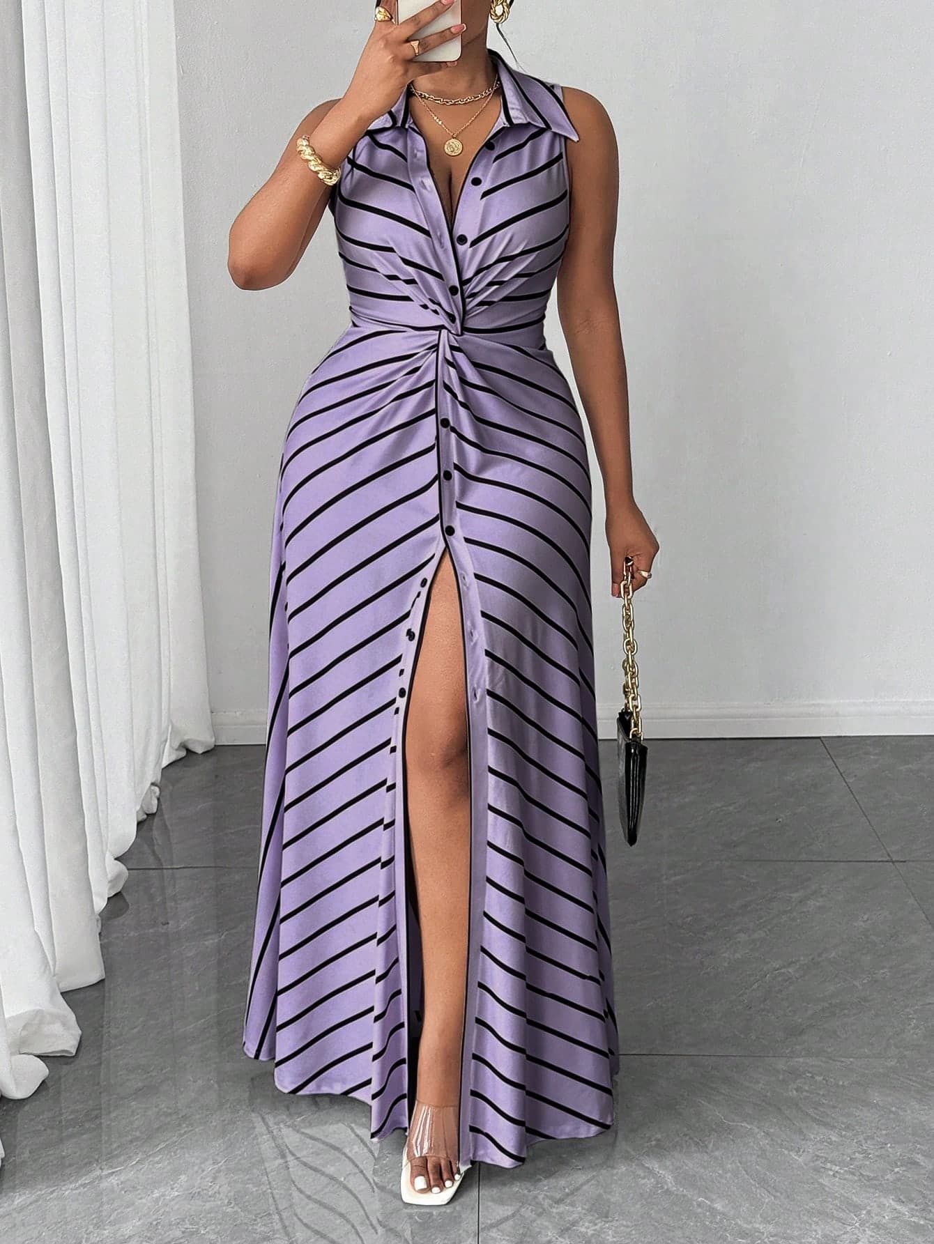 Maweii Plus Size Women Casual Striped Knit Twist Design Dress