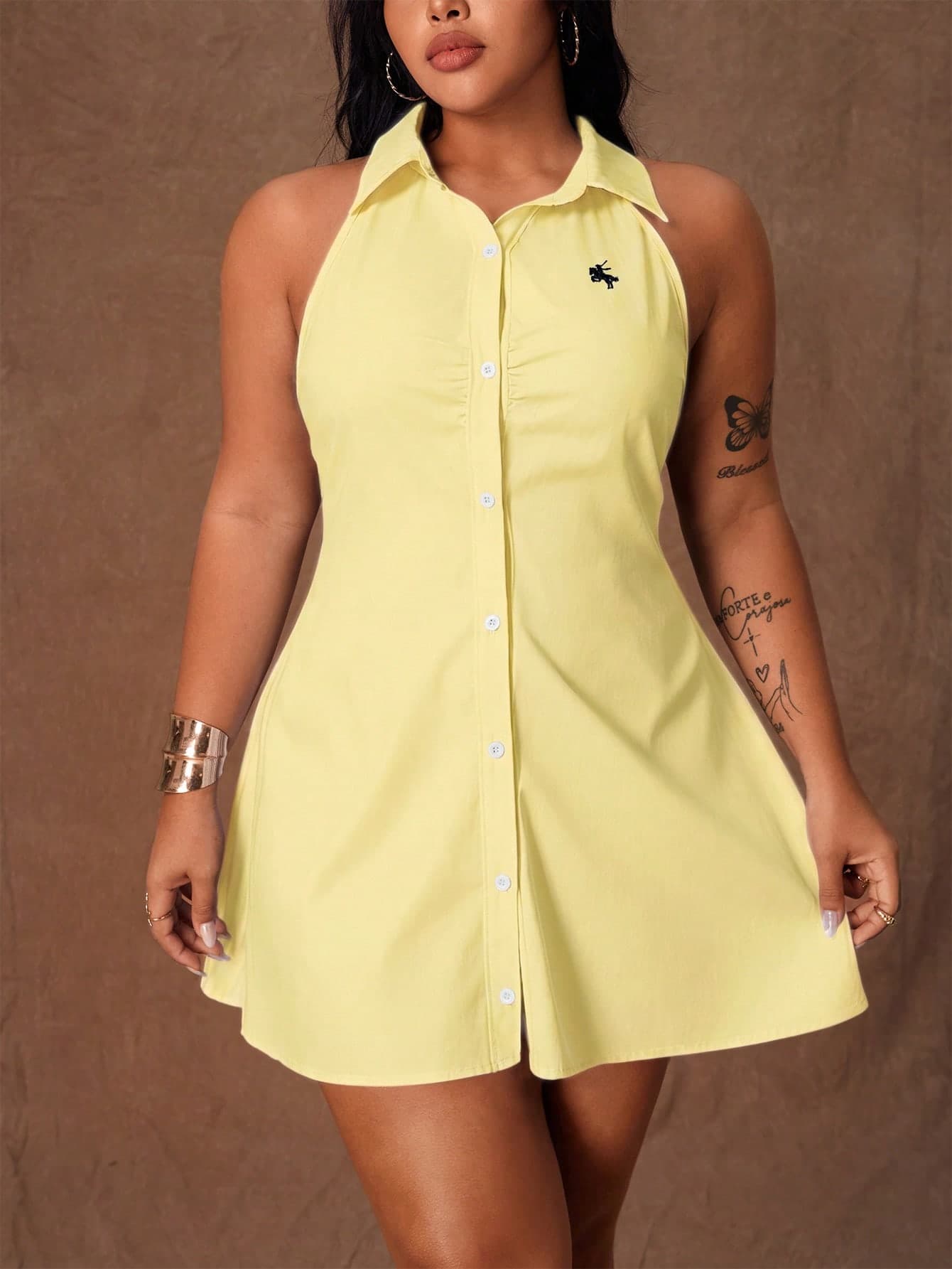 Rustia Plus Size Women Knight Pattern Single-Breasted Sleeveless Shirt Dress