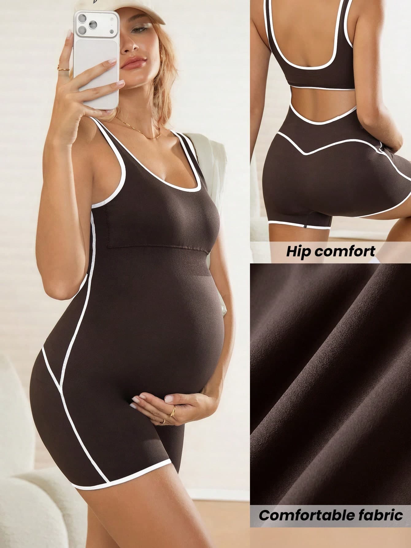 SHEIN Maternity Sports Camisole & Shorts Set,Seamless Backless Design,White Trim Contrast Color,Elegant Smart Casual Gym Activewear,Sommar Black And White