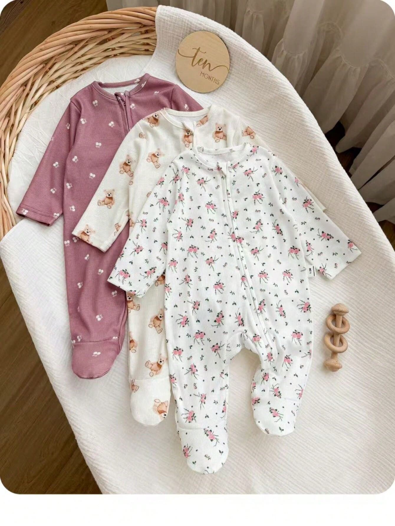 SHEIN Newborn Baby Round Neck Long Sleeve Zipper Front Casual Jumpsuit