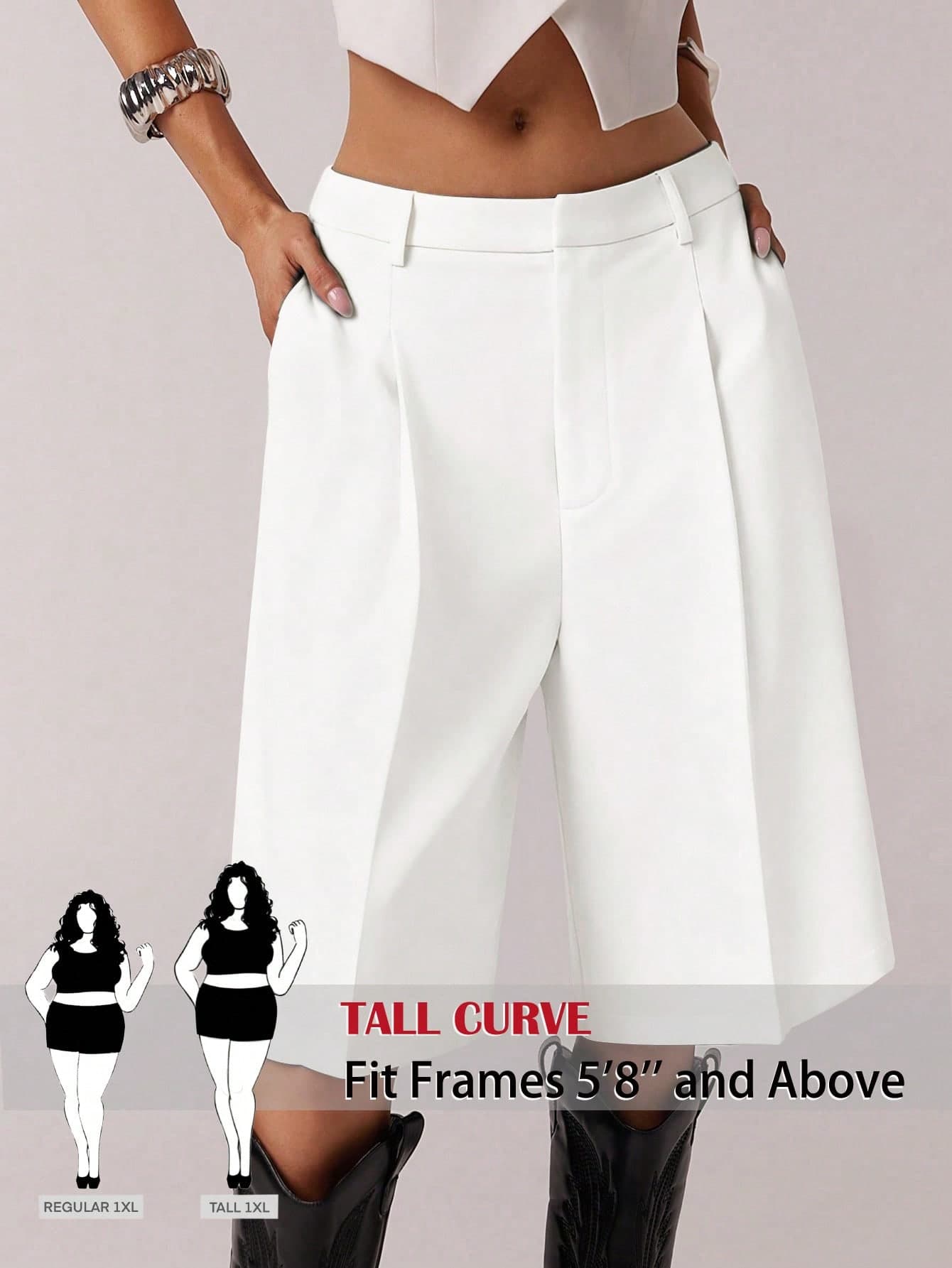 SHEIN Tall CURVE Plus Size Women's Solid Color Pleated Zip Pocket Casual Bermuda Shorts
