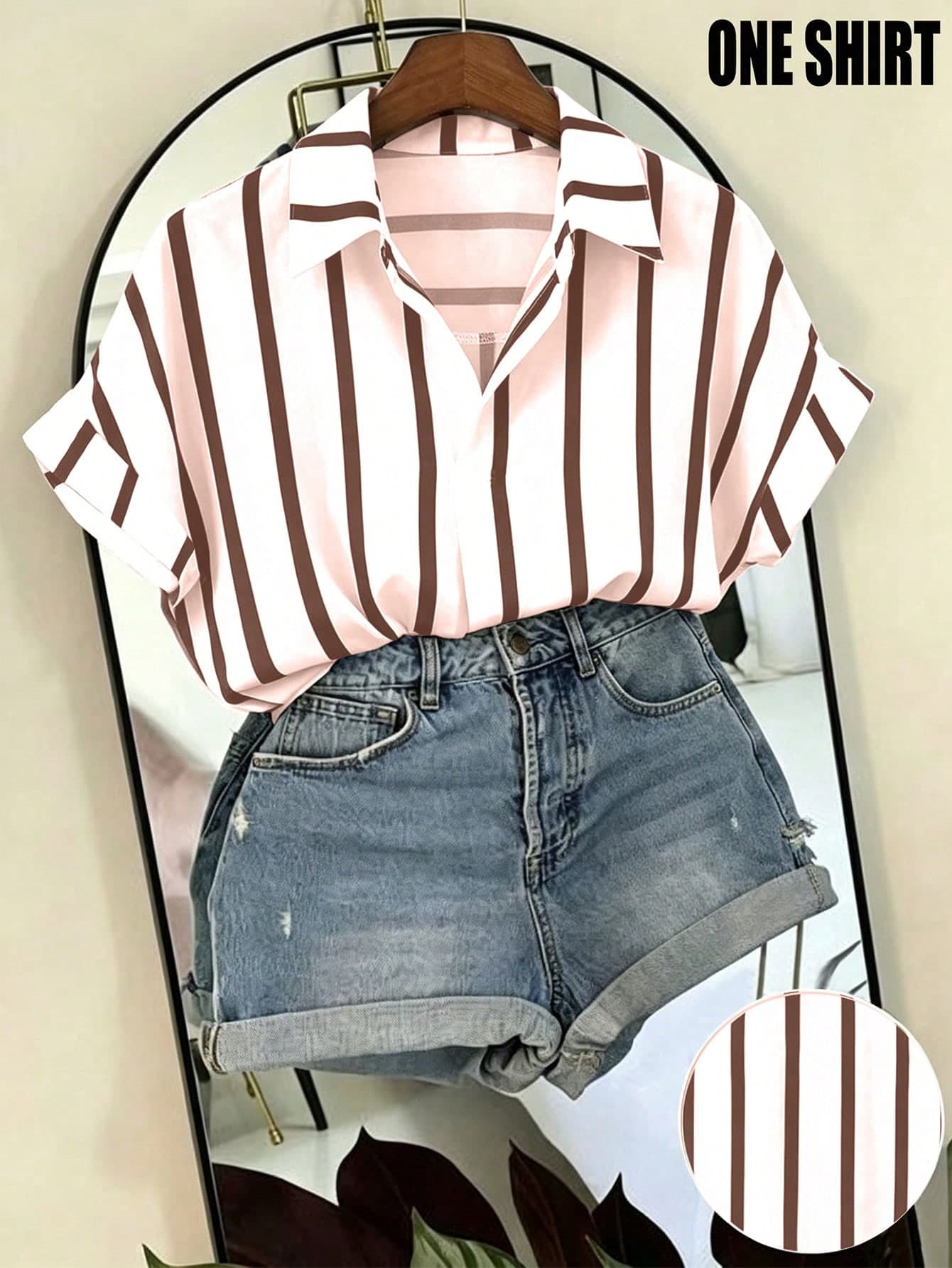 Franclia French Design Pink And White Striped Women's Shirt, Summer Casual Brunch Loose Batwing Sleeve Collared Short Sleeve Striped Top, Beach Vacation