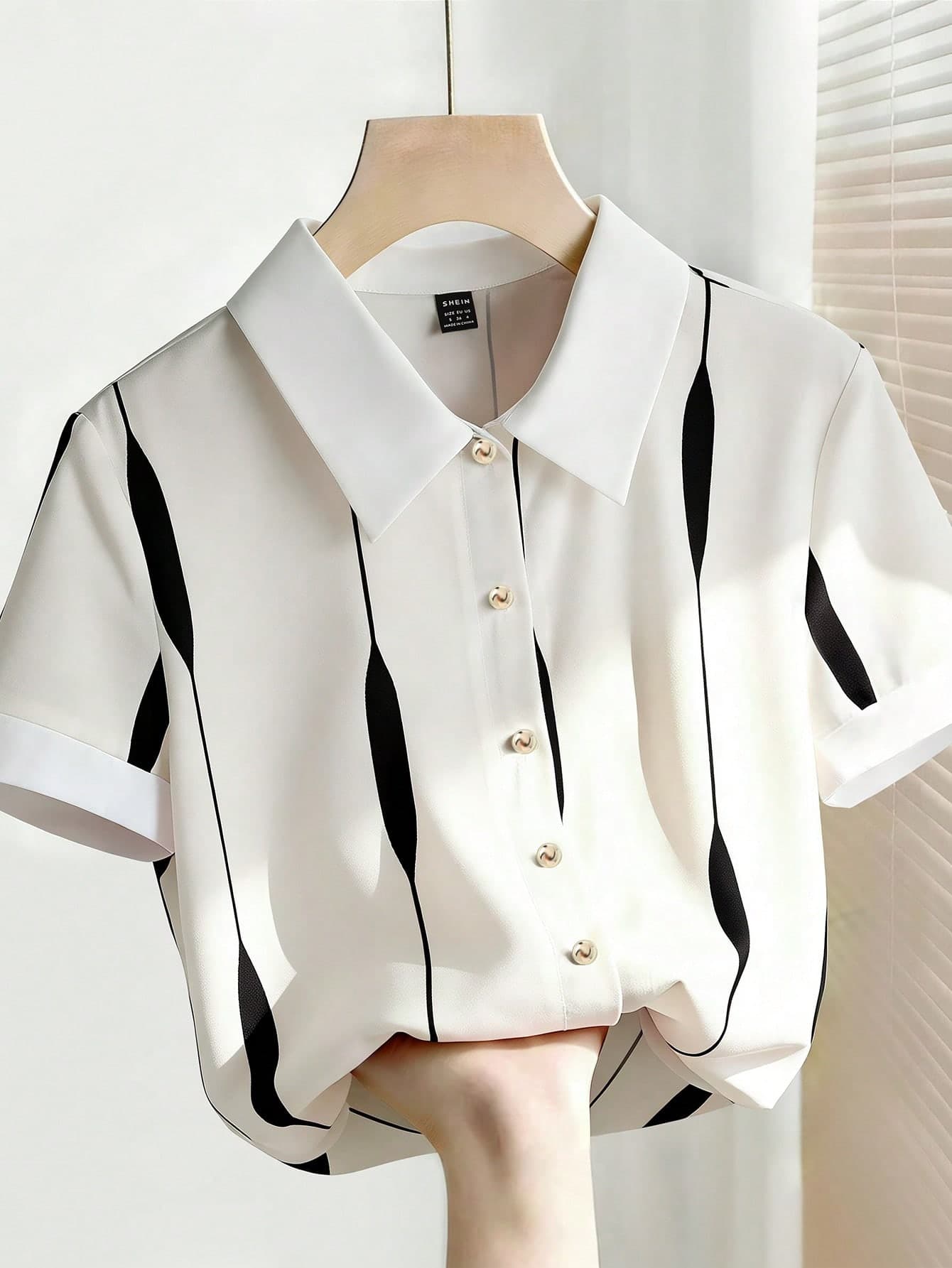 Franclia Women's Elegant Striped Lapel Loose Short Sleeve Shirt,Black And White Checkered,Summer,Elegant,Office Attire,Metal Button,Commute Casual White Top
