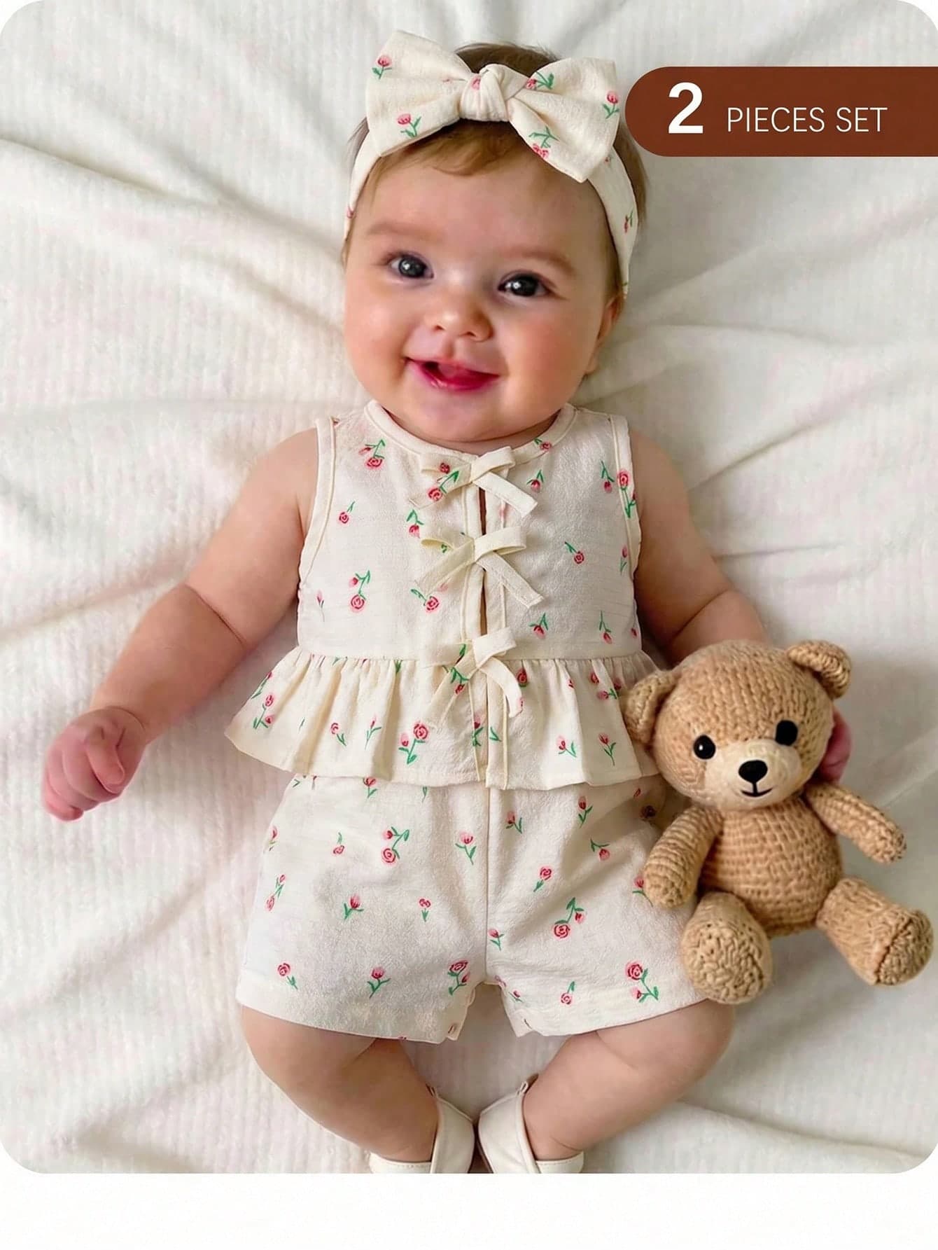 Newborn Baby Girl Vacation Casual Cute Floral And Bow-Decorated Top And Shorts Set