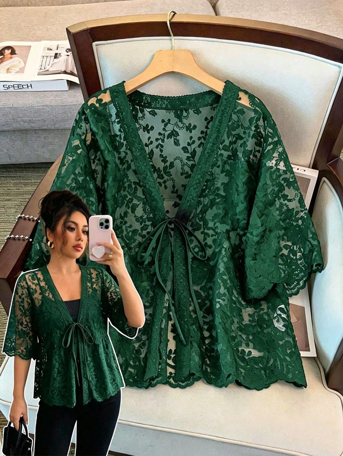 GlowEve CURVE Plus Size Women V-Neck Tie Front Sheer Vacation Blouse Shawl Collar Half Sleeve Embroidery Hollow Out Cardigan