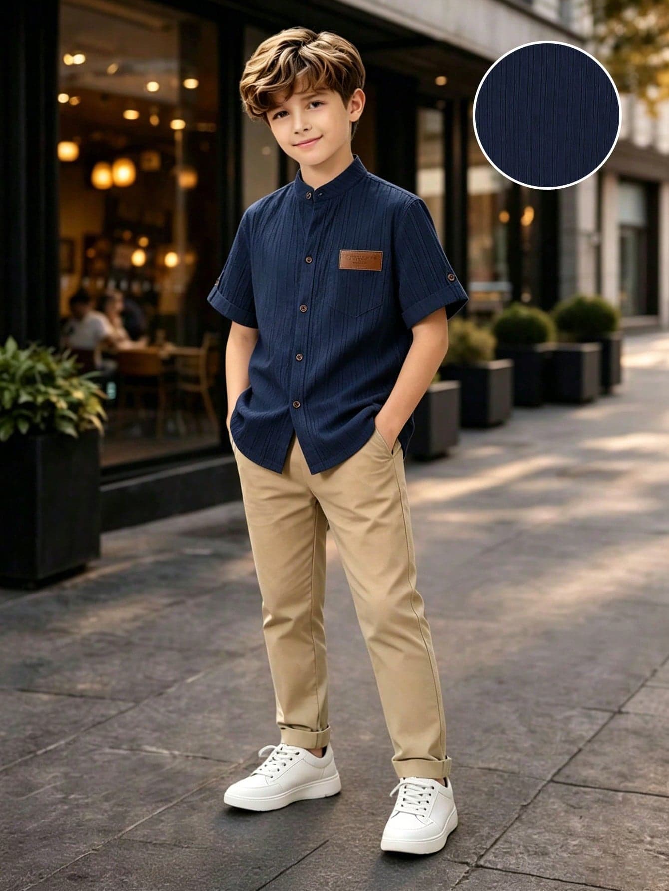 SHEIN Older Kids Boys' Casual Navy Blue Textured Striped Collared Short Sleeve Shirt + Khaki Pants, Suitable For Daily Wear, Outdoor Activities, Commuting, School, Short Trips, Holidays, Travel, Weddings, Prom, Graduation