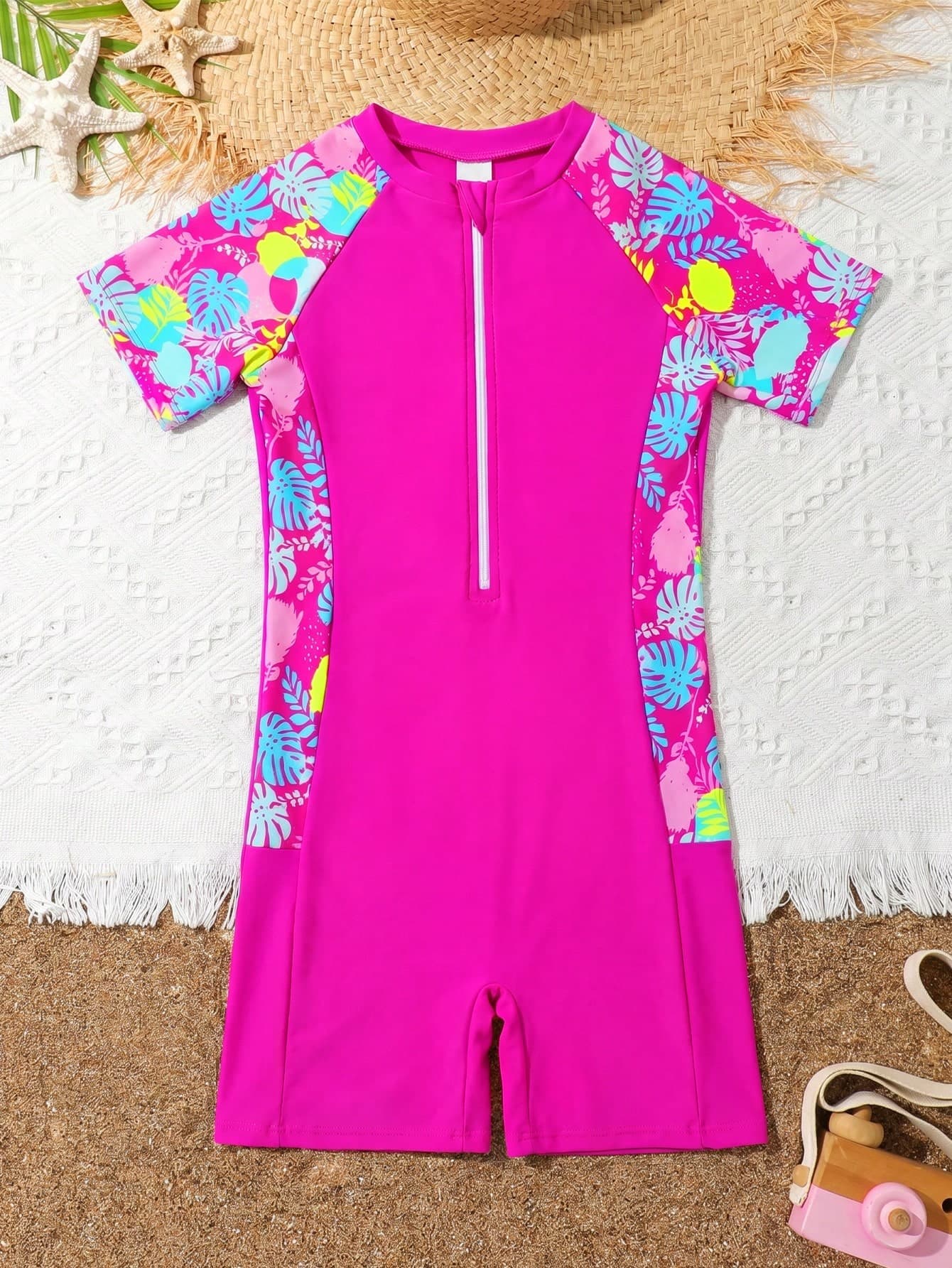 SHEIN Sparklyn Tween Girls' Tropical Plant Print Shoulder Zipper Half Placket Casual One-Piece Swimsuit With Shorts Summer Holiday
