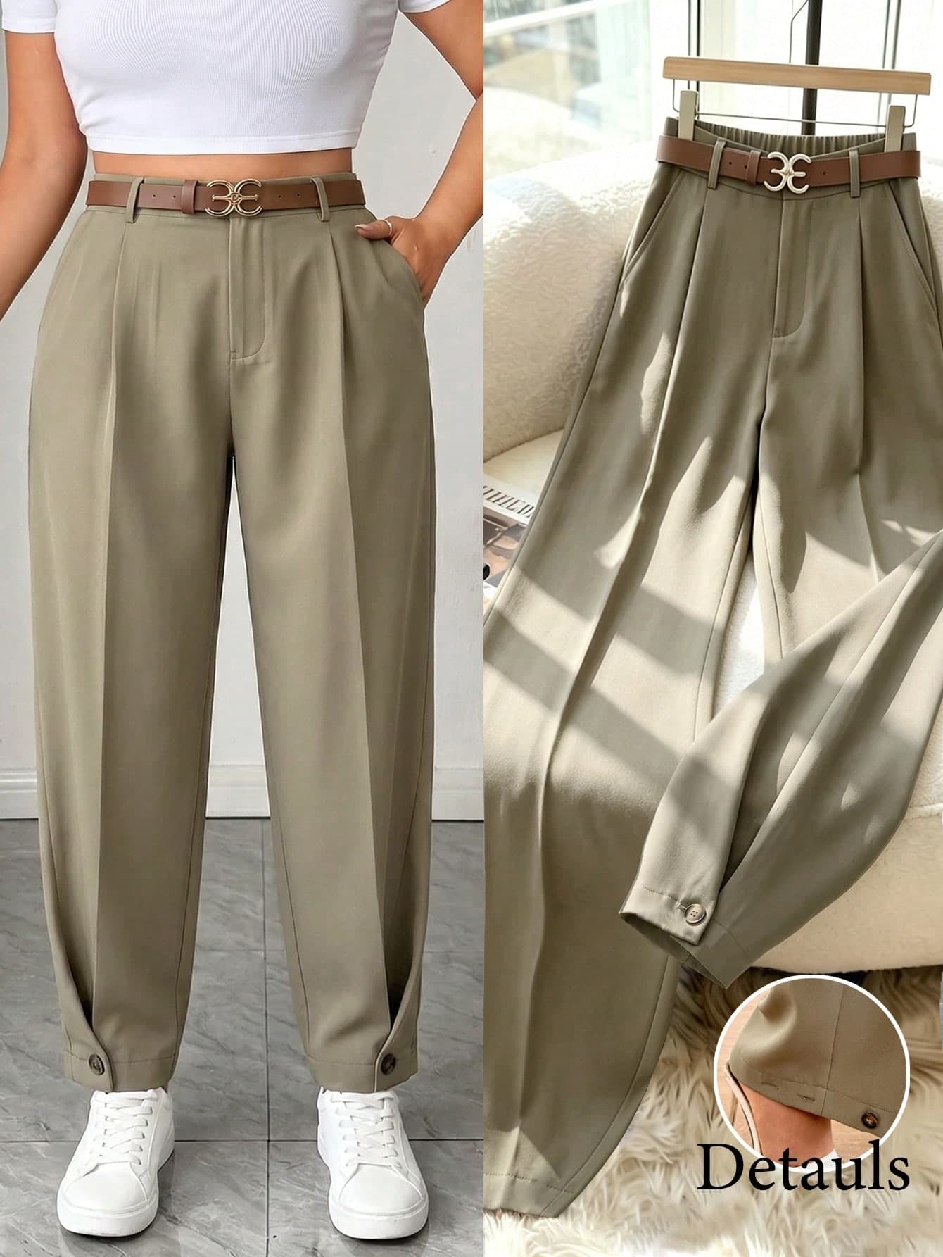 Calvaya Plus Size Women Autumn Elegant Commuter Pleated Tapered Leg Pants Gym Brown