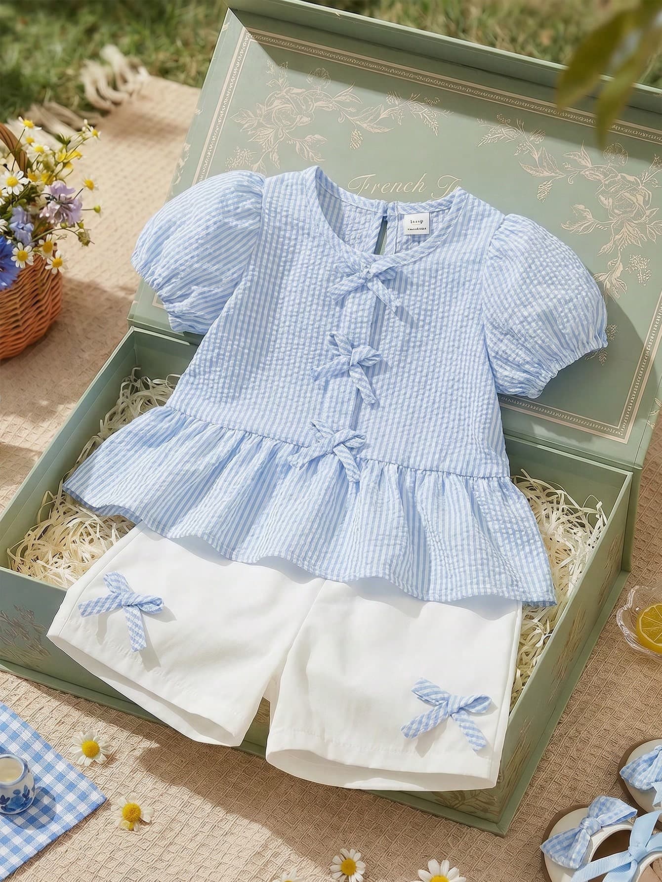 Souflis Souflis French Style 0-3 Years Old Baby Girl Striped Bow Outfit, Summer Puff Sleeve Blouse + White Shorts, Toddler Sweet Casual 2-Piece Set Suitable For Outings, Play, Shopping And More Occasions