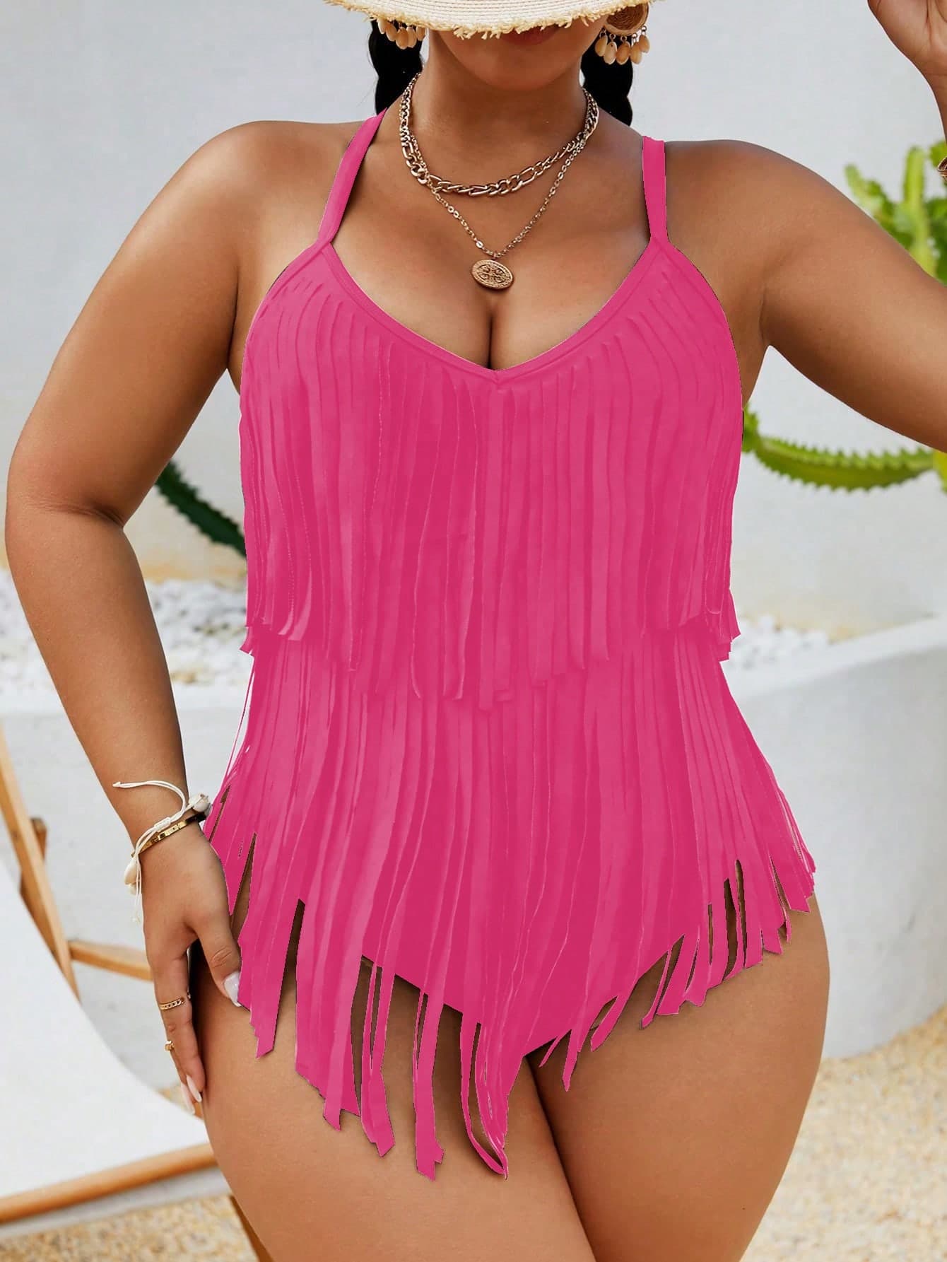 Swim Vcay 2026 New Magenta Design Music Festival Party Vacation Plus Size One-Piece Swimsuit With Tassel, Summer Vacation