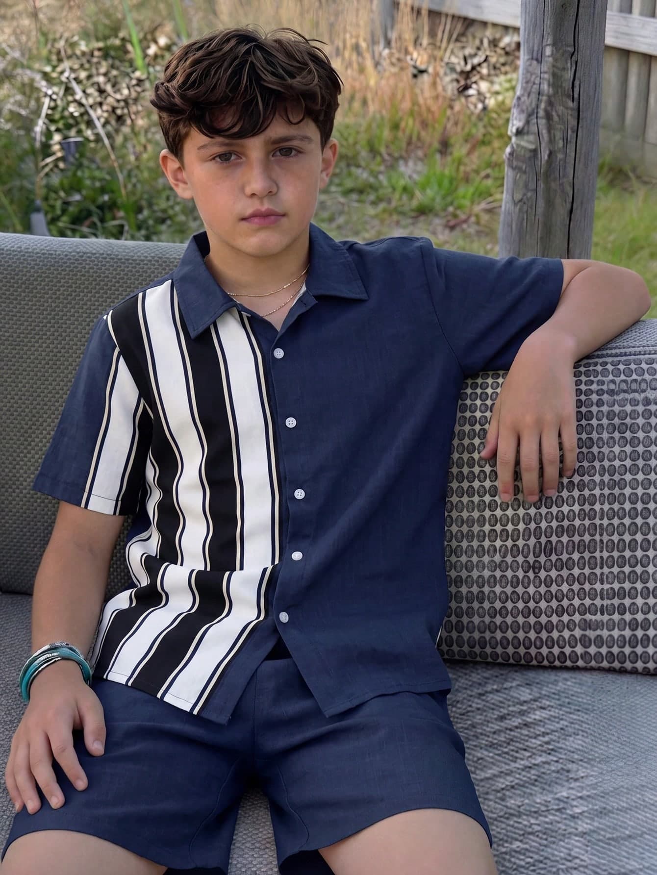 Vacaura 2pcs Teens/Boys Summer Casual Striped Patchwork Collared Shirt & Outdoor Shorts Set