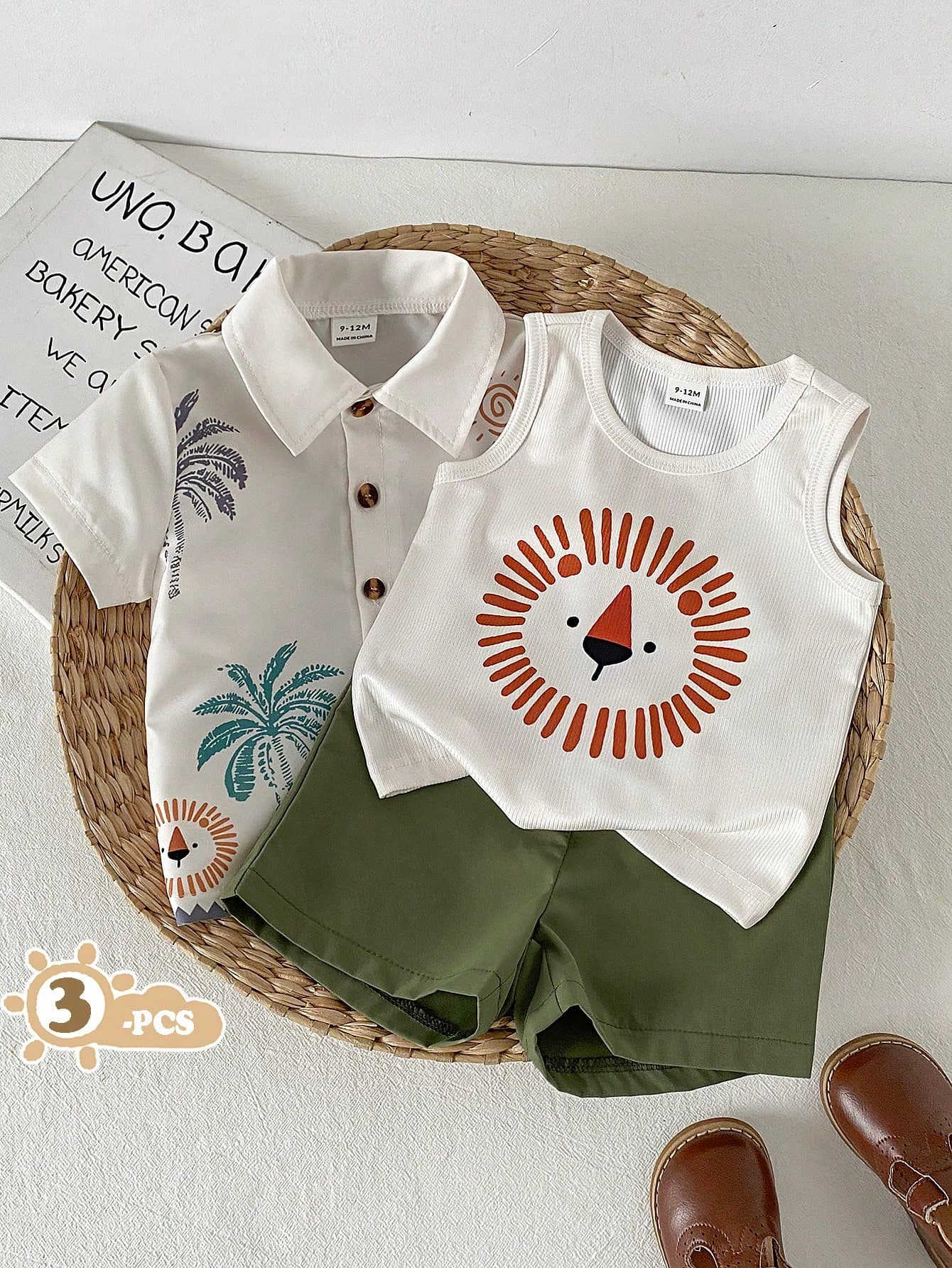 SHEIN Playful Pals 3pcs/Set Baby Boy Casual Collegiate Style Letter Embroidered White Tank Top + Paisley Floral Print Shirt + Shorts, Suitable For Spring/Summer Outings, Outdoor, Vacation, School, Daily Wear