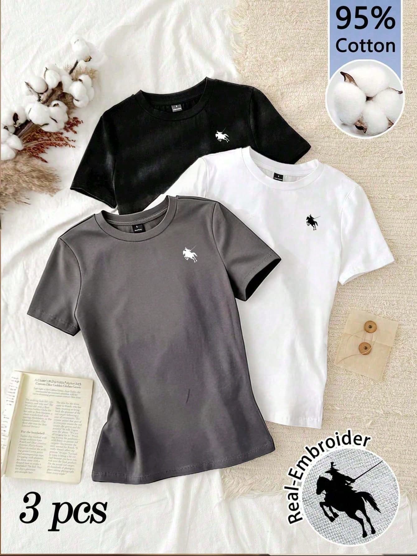 Tseoso 3pcs Set Casual Minimalist 95 Cotton Women Round Neck Fitted Long Tee, Horse Embroidery Design,Autumn Top School Dark Grey White White And Black