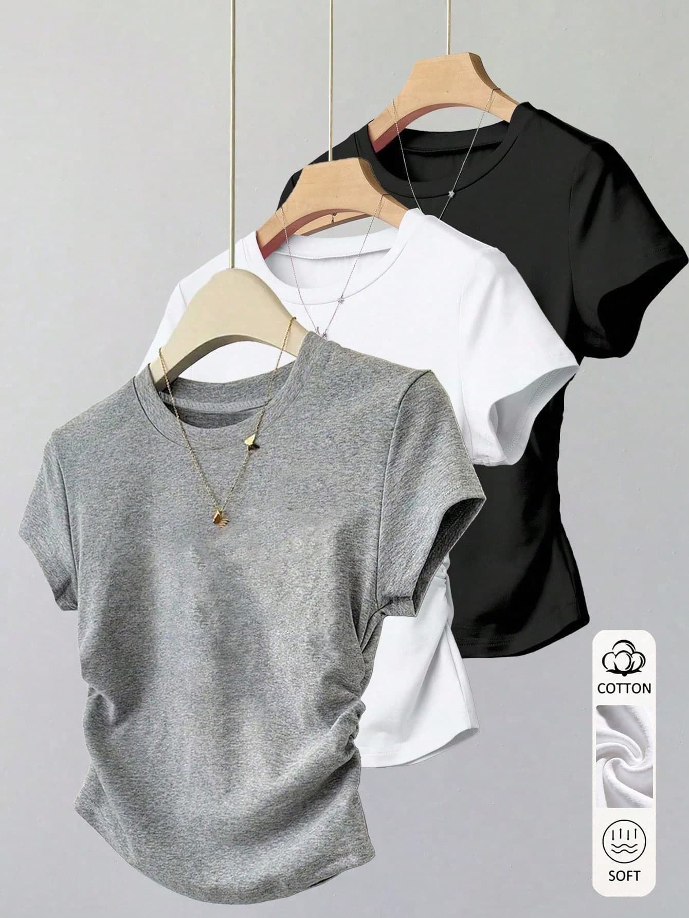 Classic Black, White And Gray 3-Color Combination Cotton T-Shirt, Solid Color Design, Elegant, Casual Versatile, Daily Wear, Outdoor, Shopping, Travel