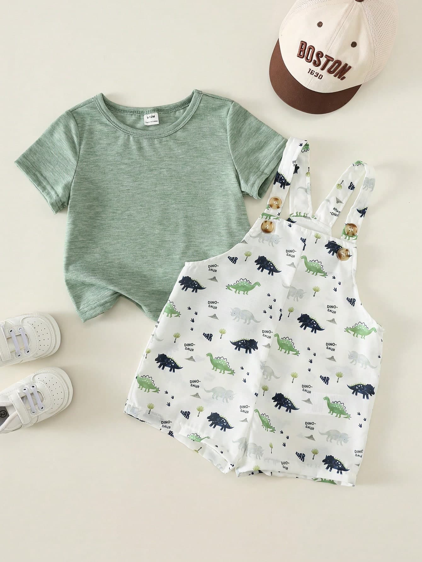 SHEIN 2pcs/Set Baby Boy Summer Cute Versatile Funny Print Pattern Vest Romper & T-Shirt Set, Overalls Outfit, Dinosaur Set, Adorable Set, Children's Day Set