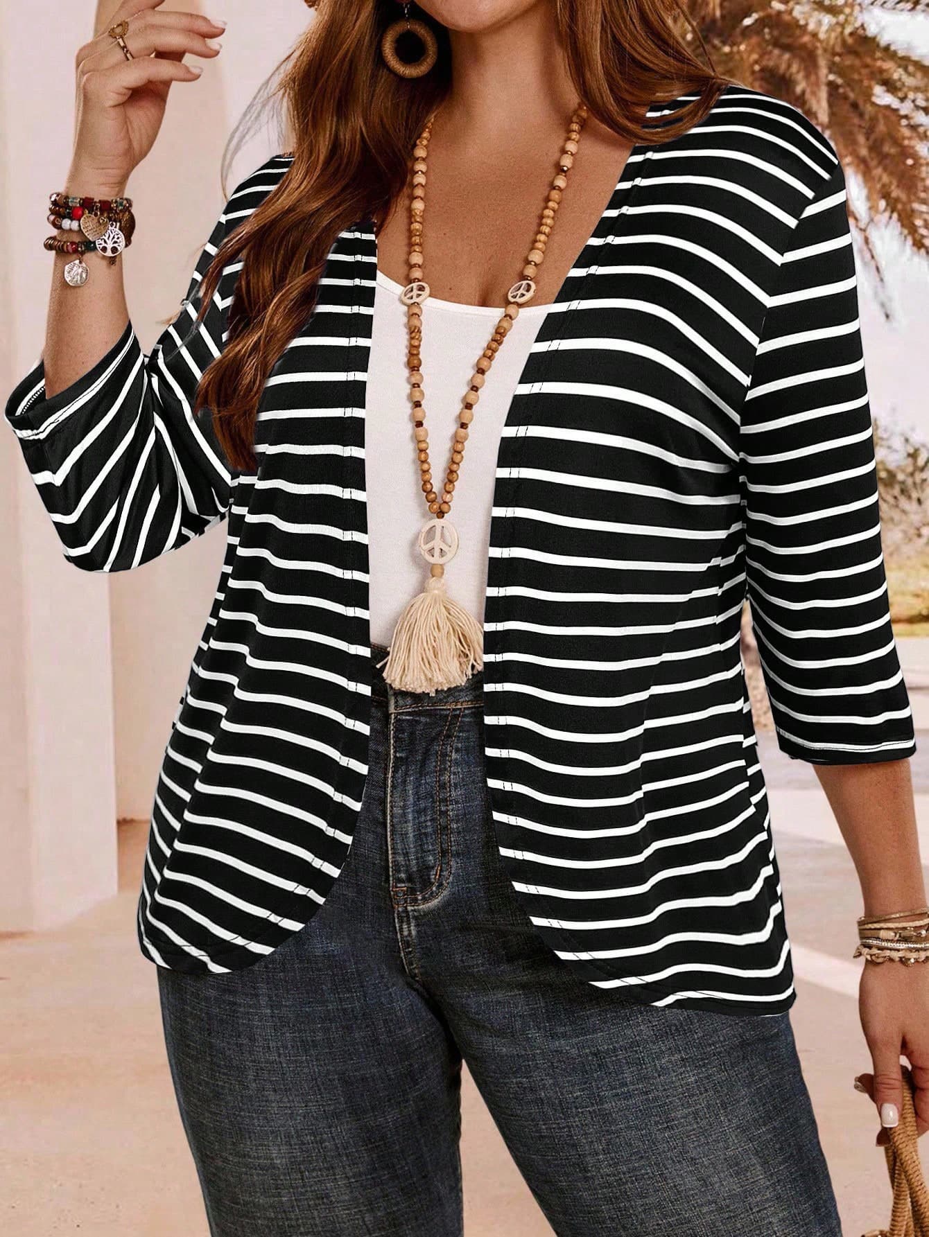 EMERY ROSE Plus Size Women Summer Vacation Black Striped 3/4 Sleeve Jacket, Autumn,Fall