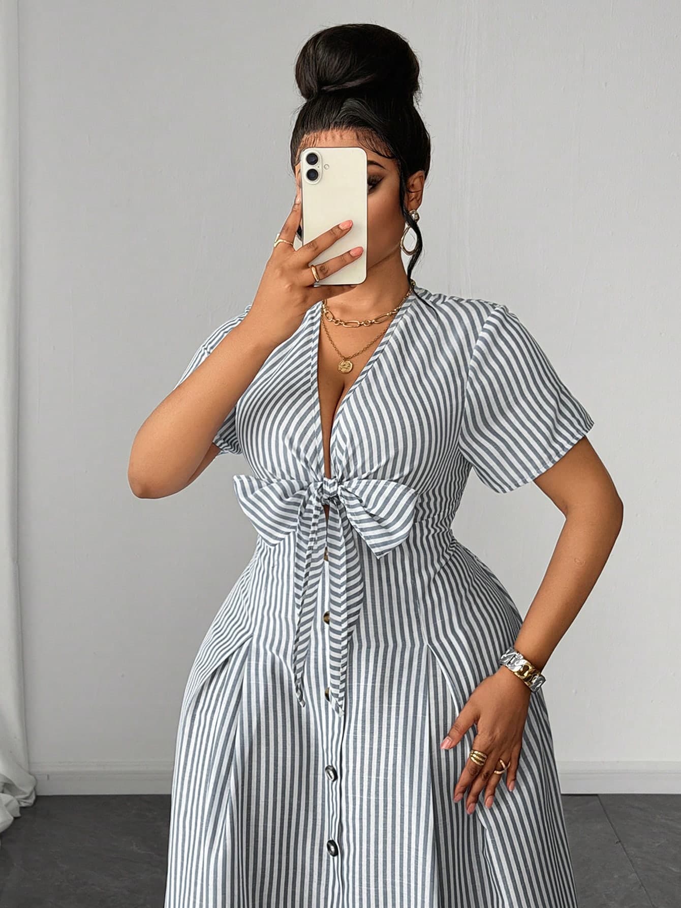 Maweii Plus Size Casual Striped Short Sleeve Vacation French Style Dress
