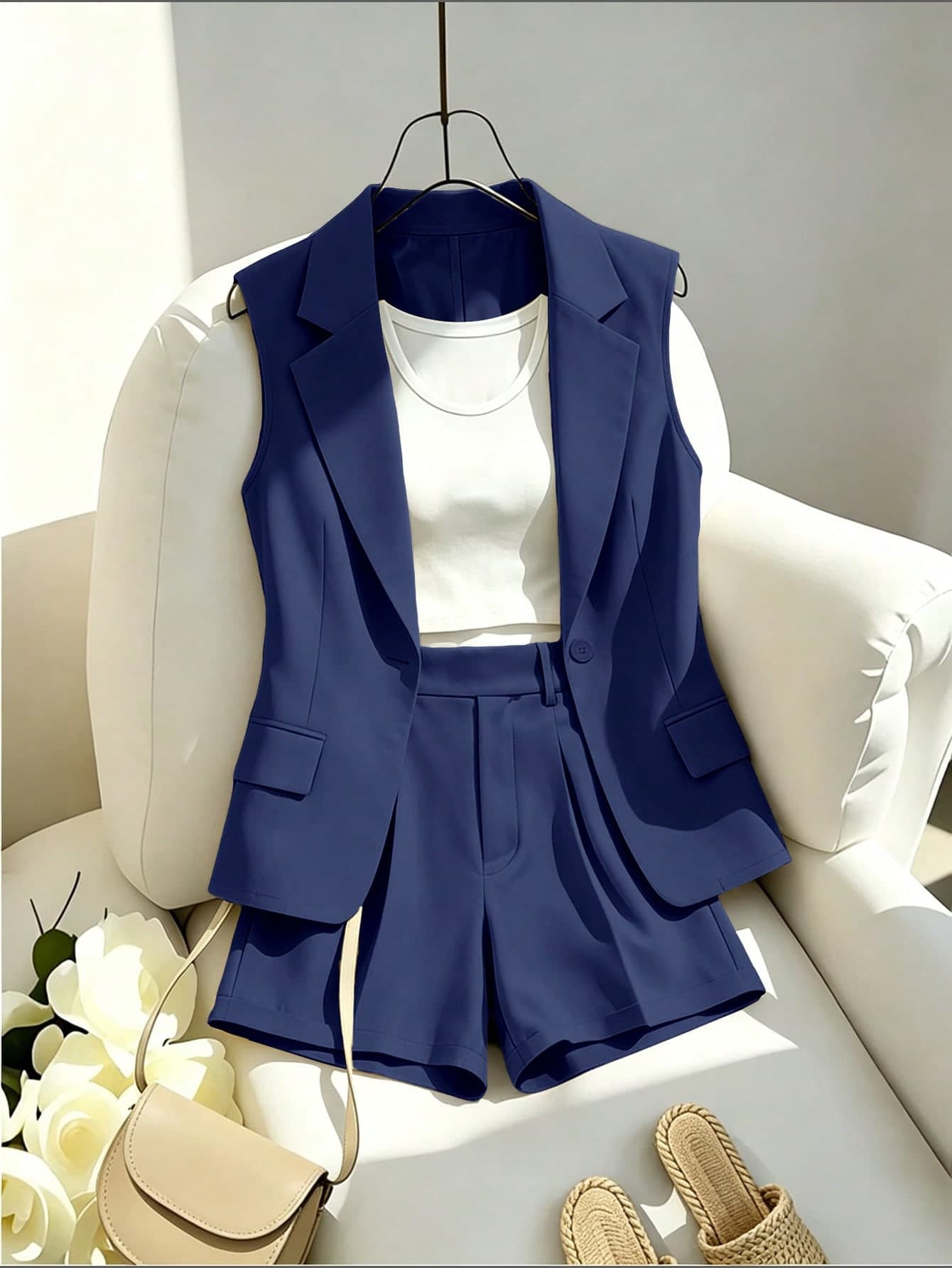 Franclia Women's Elegant Navy Blue Sleeveless Suit Set 2 Pieces,Lapel Collar Vest & Cuffed Shorts,Summer Office Attire,Chic Tailored Waistline Commuter Wear