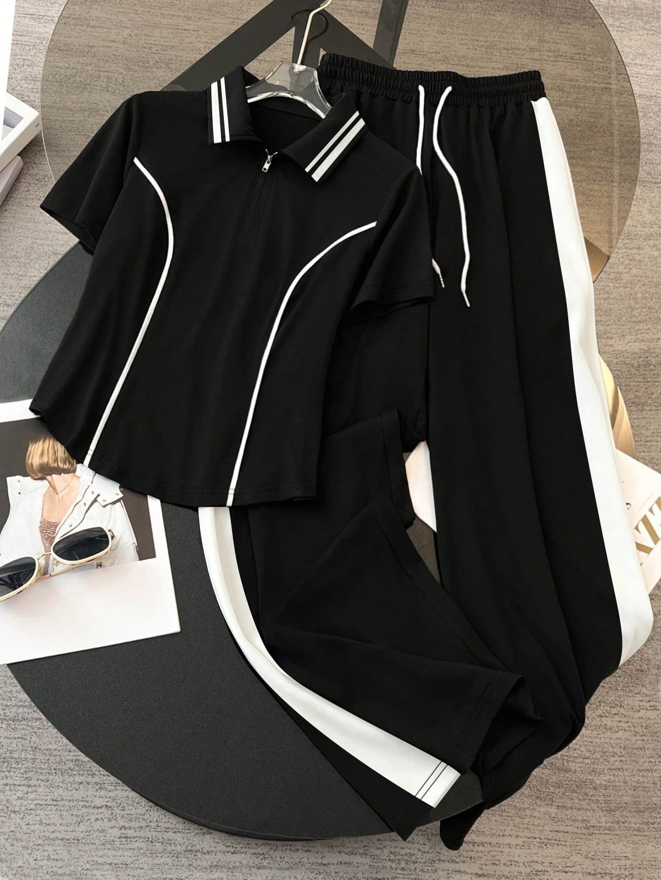 Resyla 2pcs Women Black Contrast Color Zip Front Top And Drawstring Waist Long Pants Set Travel Summer Sporty
