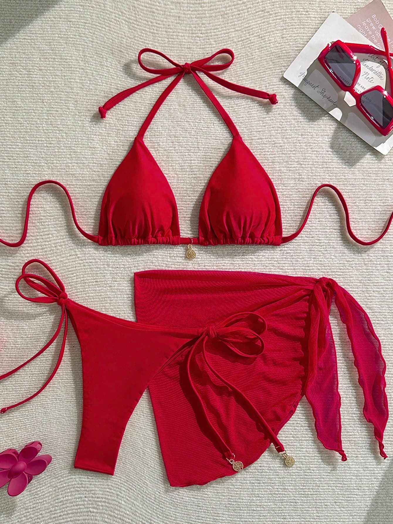SHEIN Women's Solid Color Metal Pendant Halter Tied Backless Sexy Red Bikini 3pcs Swimsuit Set For Beach/Resort For Summer Beach Vacation