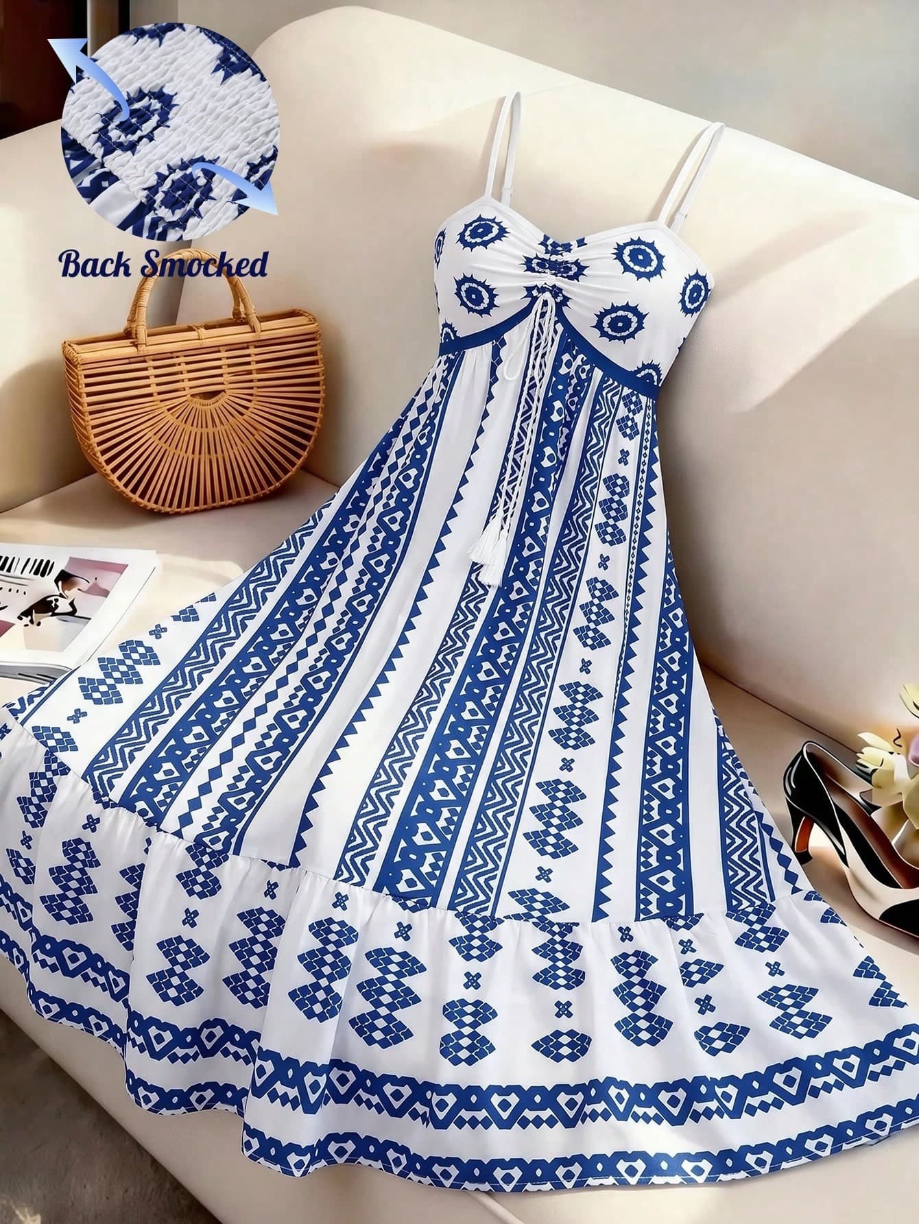 GlowEve Women's White And Blue Floral Summer Boho Holiday Vacation Holiday Spaghetti Strap Slip Dress,Tie-Neck Cinched Waist A-Line French Retro Long Dress