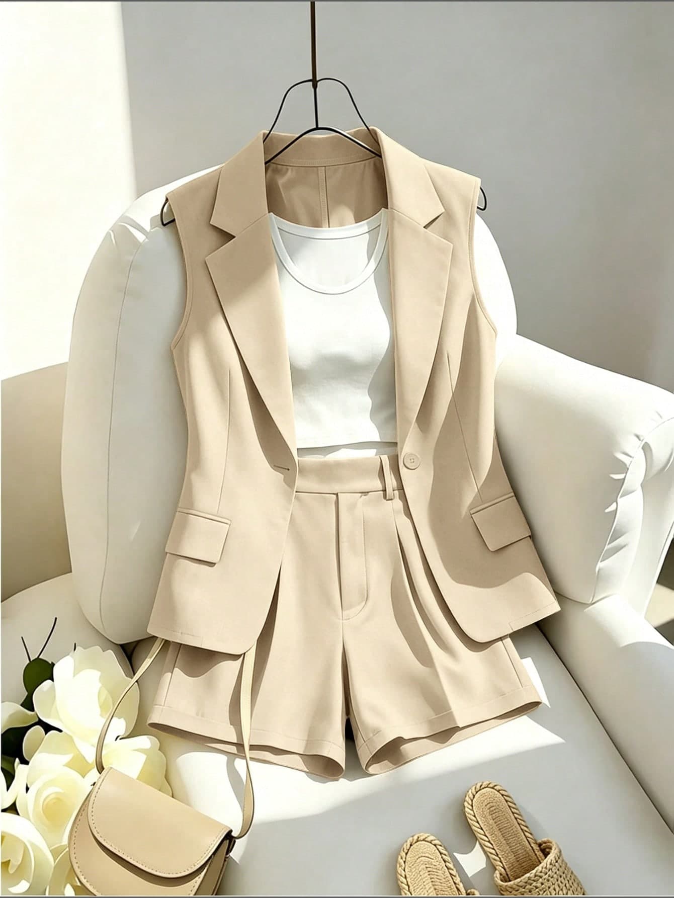 Franclia Women's Summer Two-Piece Sets Casual Beige Sleeveless Jacket With Suit Collar & Shorts Set,Elegant Solid Outfits For Brunch,Vacation,Wedding Guest