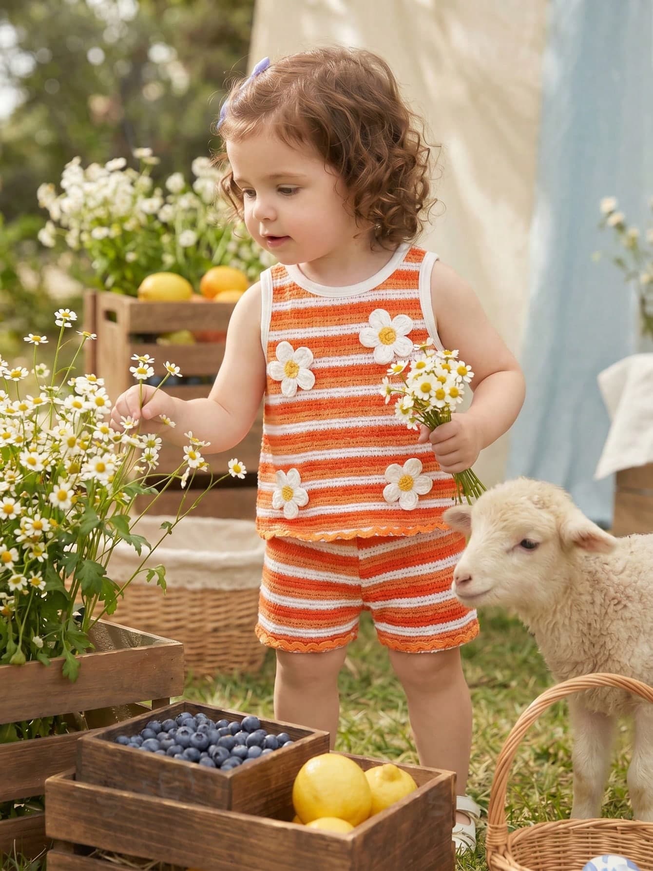 SHEIN 2pcs/Set Baby Girls' Burnt Orange Striped Jacquard Lace Trim Vest And Shorts, Cute Summer Vacation Baby Girl Outfit, Korean Style Infants & Toddlers Set