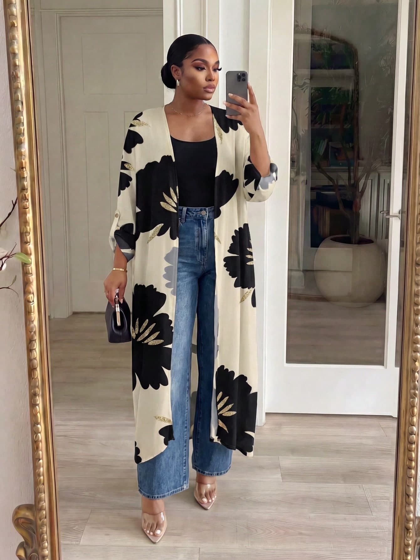 SHEIN Lady CURVE White Semi-Sheer Kimono Sleeve Coat With Bold Floral Print And Midi Length For Women In Fall/Winter,Casual Long Cardigan For Women Women Casual Outfits Long Cardigans Woman Summer Women Spring Outfit Kimonos For Woman