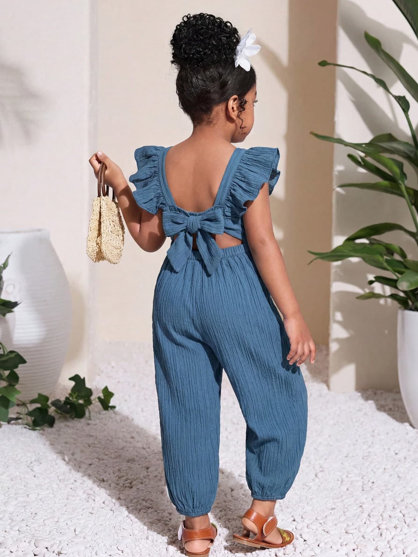 SHEIN Kids Girls Solid Teal Crinkled Jumpsuit,Ruffle Backless With Bow Knot,Summer Holiday Family Vacation Matching Dark Blue Chic 1pc Outfit For School