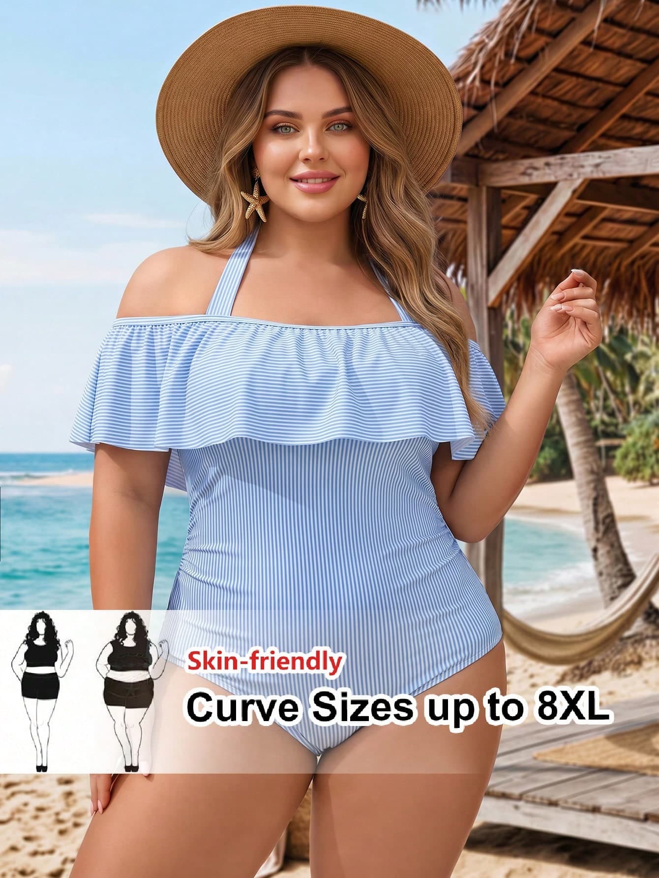 SHEIN CURVE+ Plus Size Women's Striped Patchwork Halter Tie One-Piece Swimsuit, Suitable For Beach Vacation, Pool Party, Beach Party