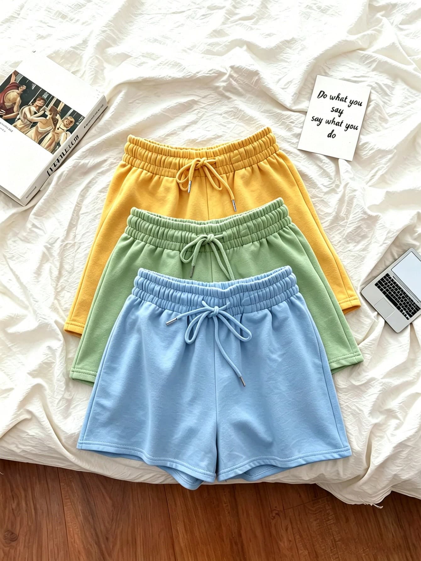 Resyla 3pcs Women's Minimalist Active Casual Shorts Set, Gift For Friends Gym Pastel Yellow Sage Green Powder Blue Summer