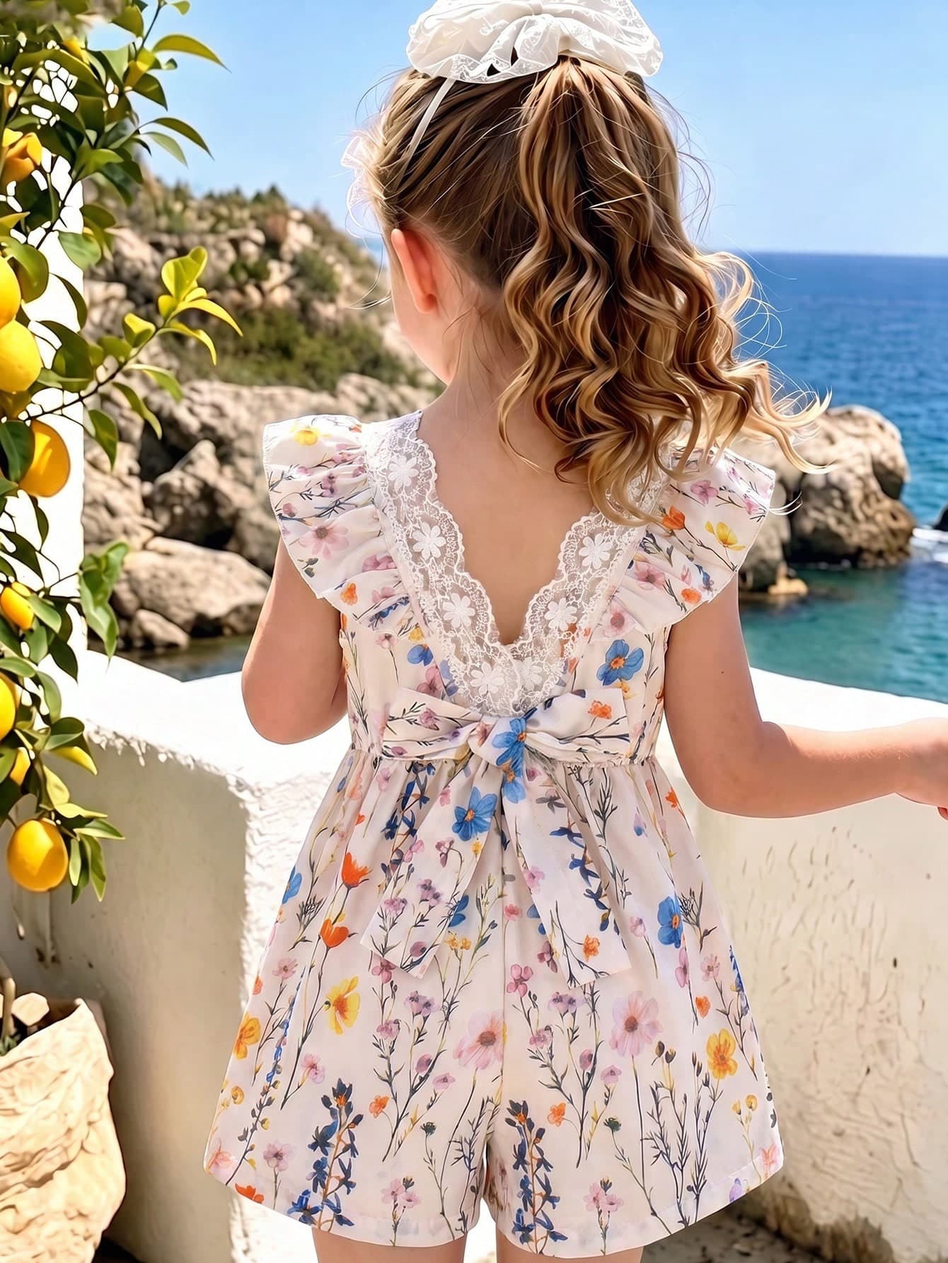Souflis Souflis Young Girl Floral Print V-Neck Design With Ruffle Trim Cap Sleeve Romper, Suitable For Party, Gathering, Picnic