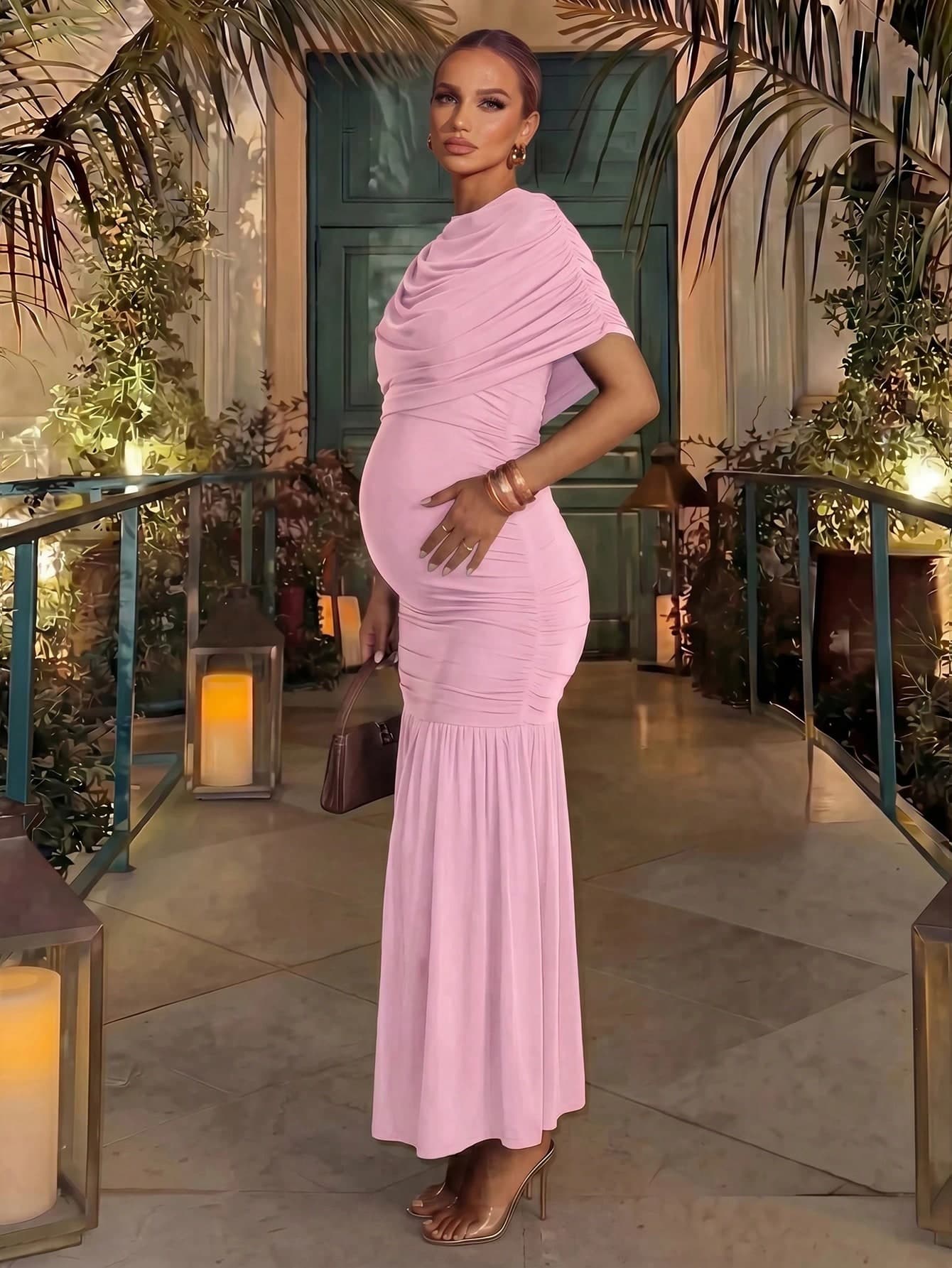 MaterniChic Maternity Solid Color Ruched Waist Elegant Vacation Party Dress