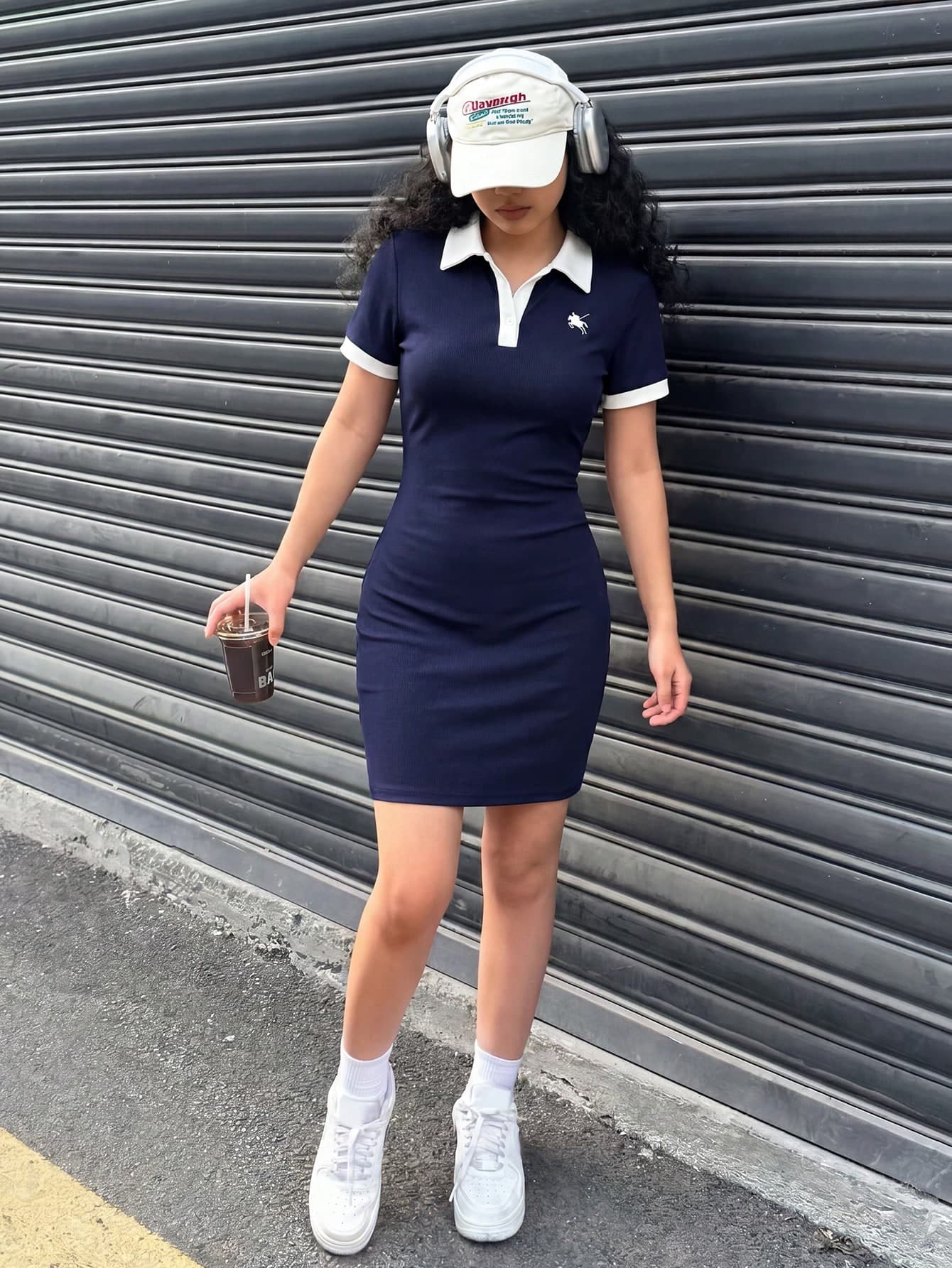 SHEIN Teen Girl Casual School Style Polo Collar Navy Blue Snug Fit Dress Back-To-School Graduation Summer For Kids