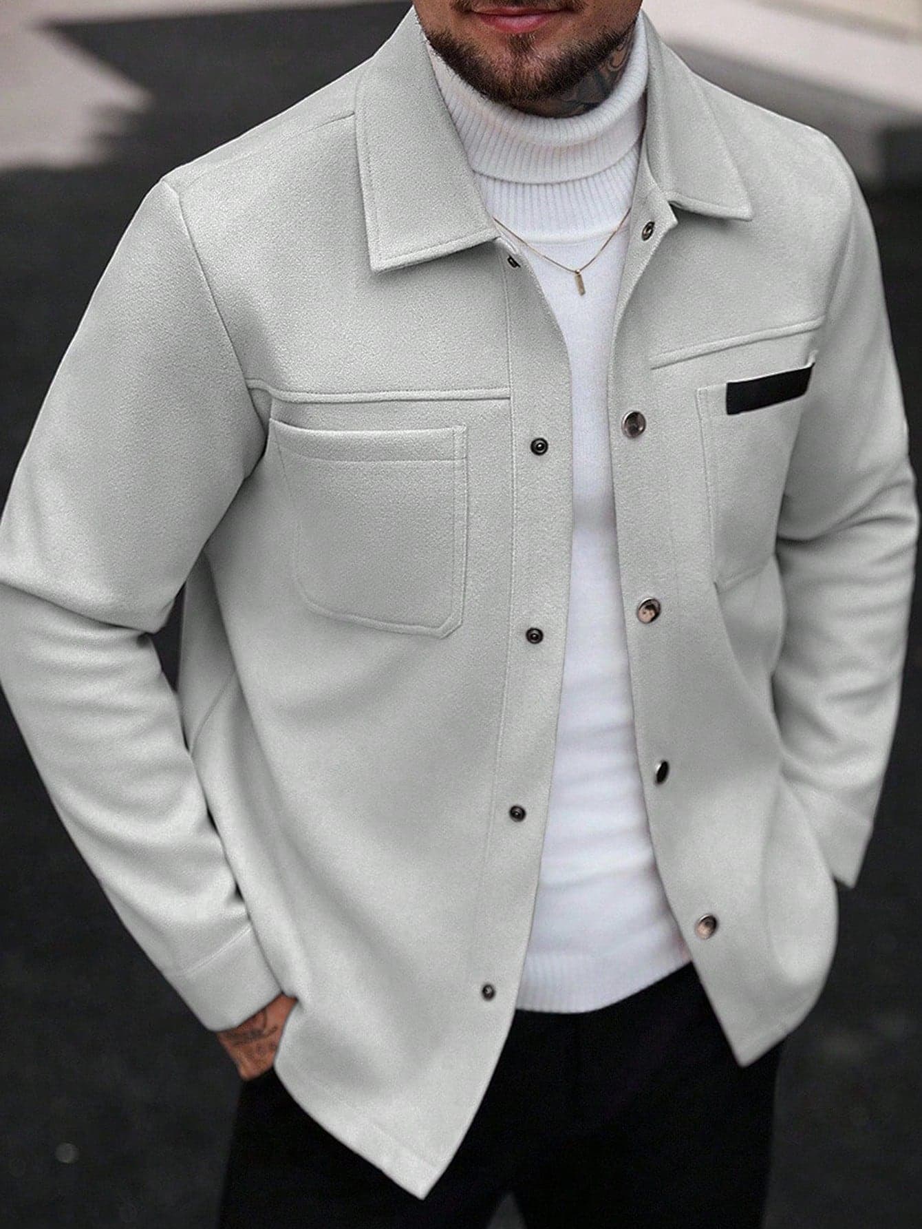 Manfinity CasualCool Men Solid Color Casual Long Sleeve Overcoat, Suitable For Autumn And Winter Overcoat Men Summer Overcoat Grey Button Up Overcoat