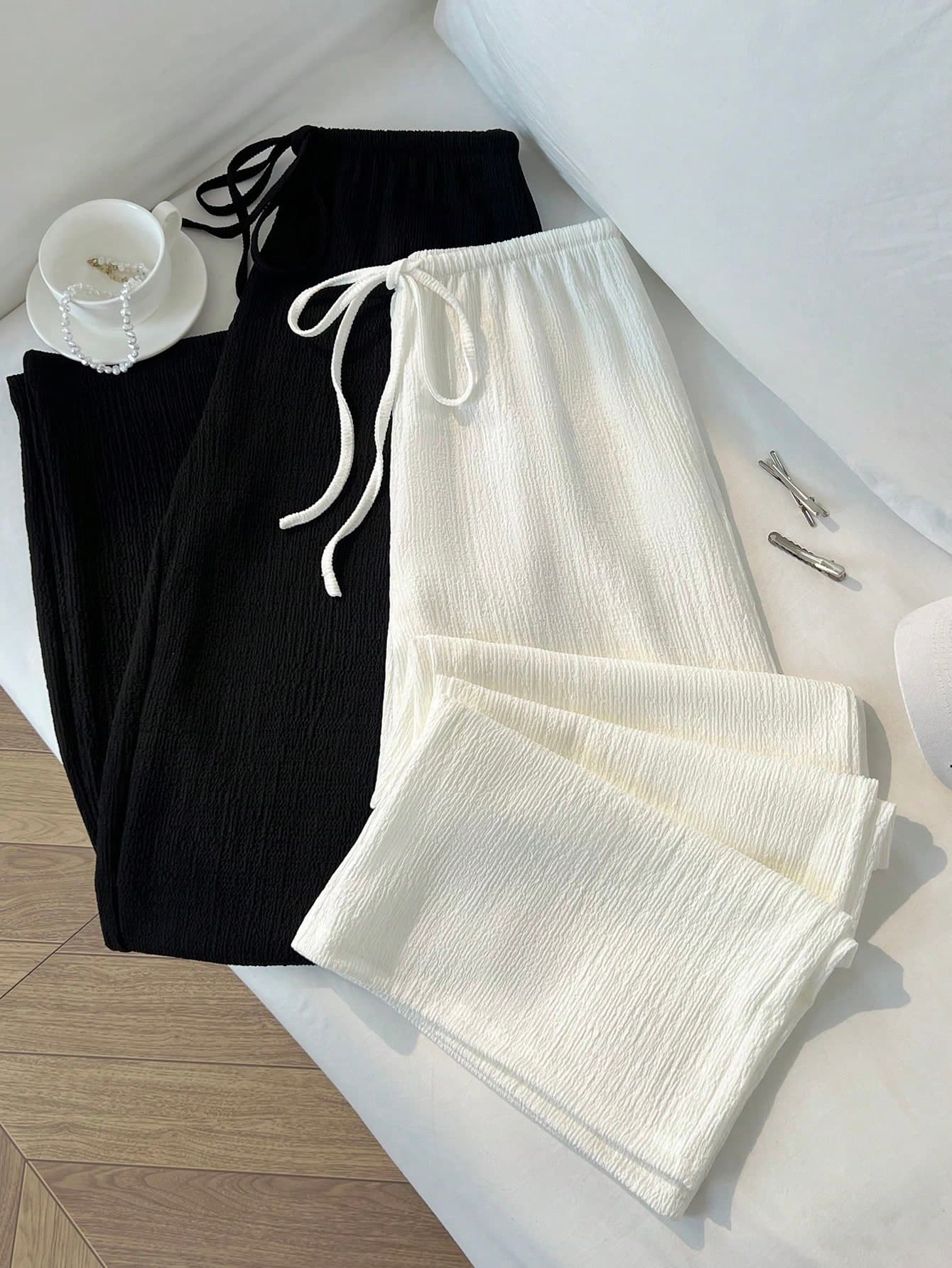 Sweetra Summer New Classic Black & White Color-Blocking, Minimalist Casual Commuter Style, Versatile French Fashion Loose Straight Leg Pants For Women