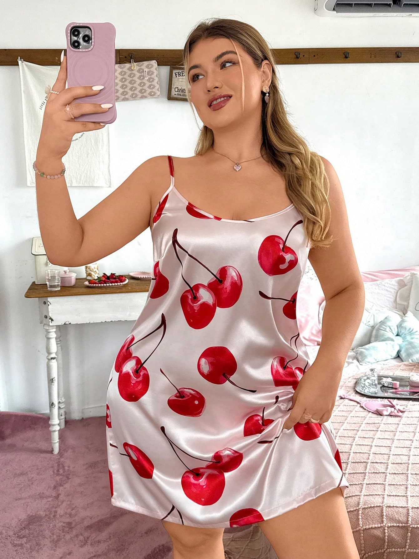 Slumberry CURVE Sweet Ins Style Hand-Painted Cherry Print Sleeveless Short Nightgown For Plus Size Women
