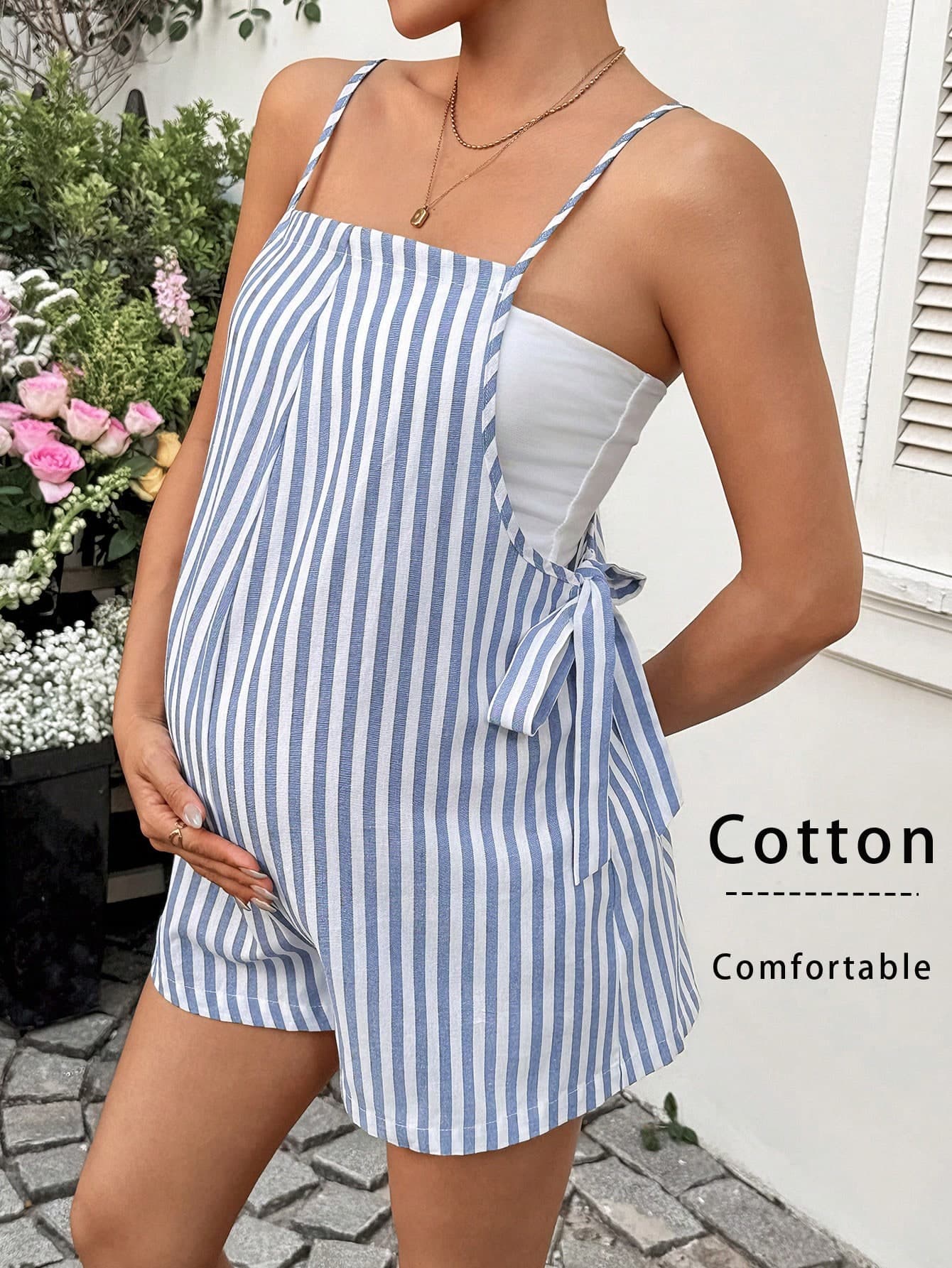 Lyckli Maternity Casual Versatile Striped Tie-Up Romper