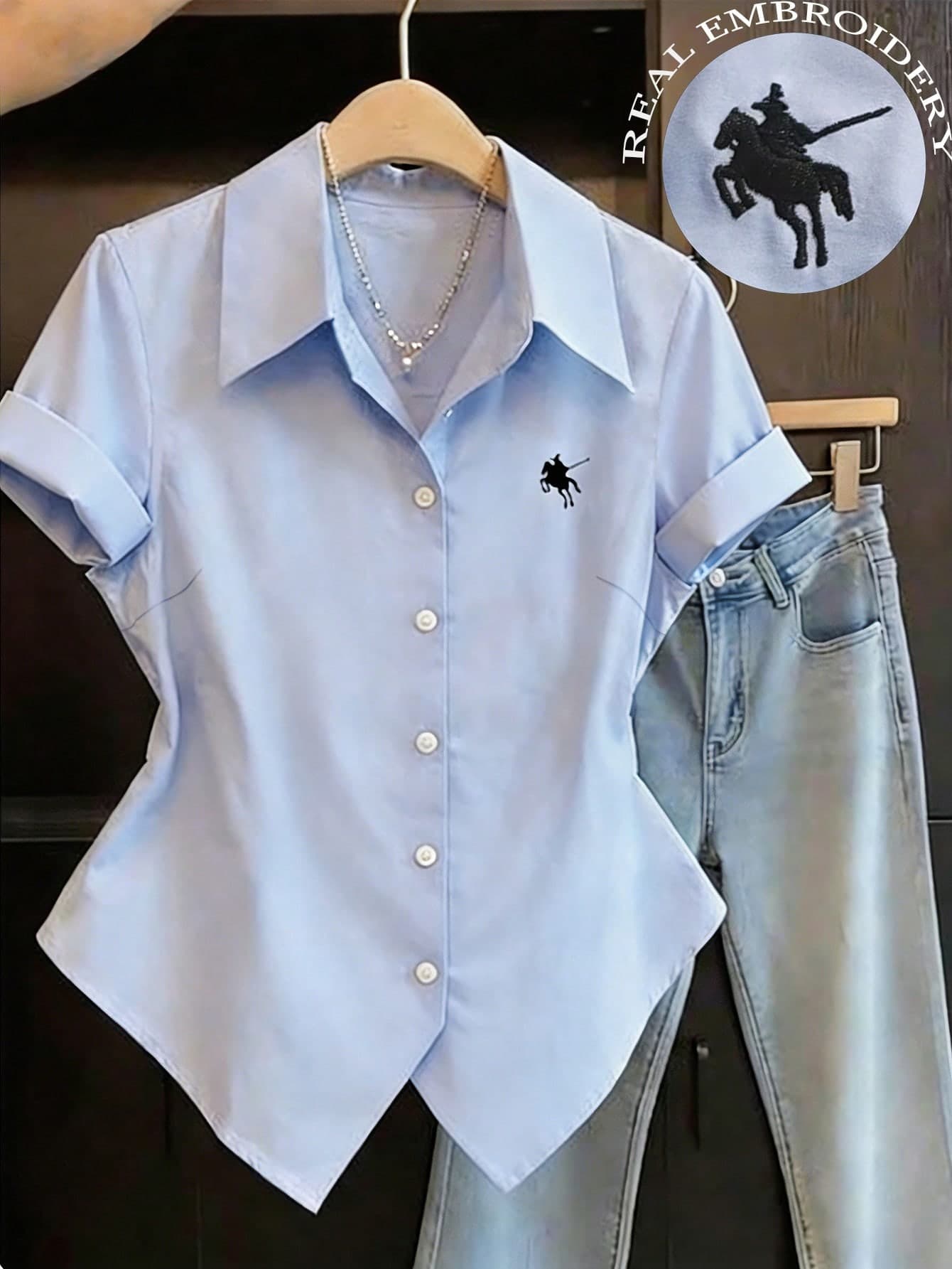 SHEIN Franclia Women's Light Blue Summer 70s Office Back-To-School Elegant Blouse,Short Sleeve Commuter Shirt With Embroidery,Curved Hem Casual Polo-Style Top