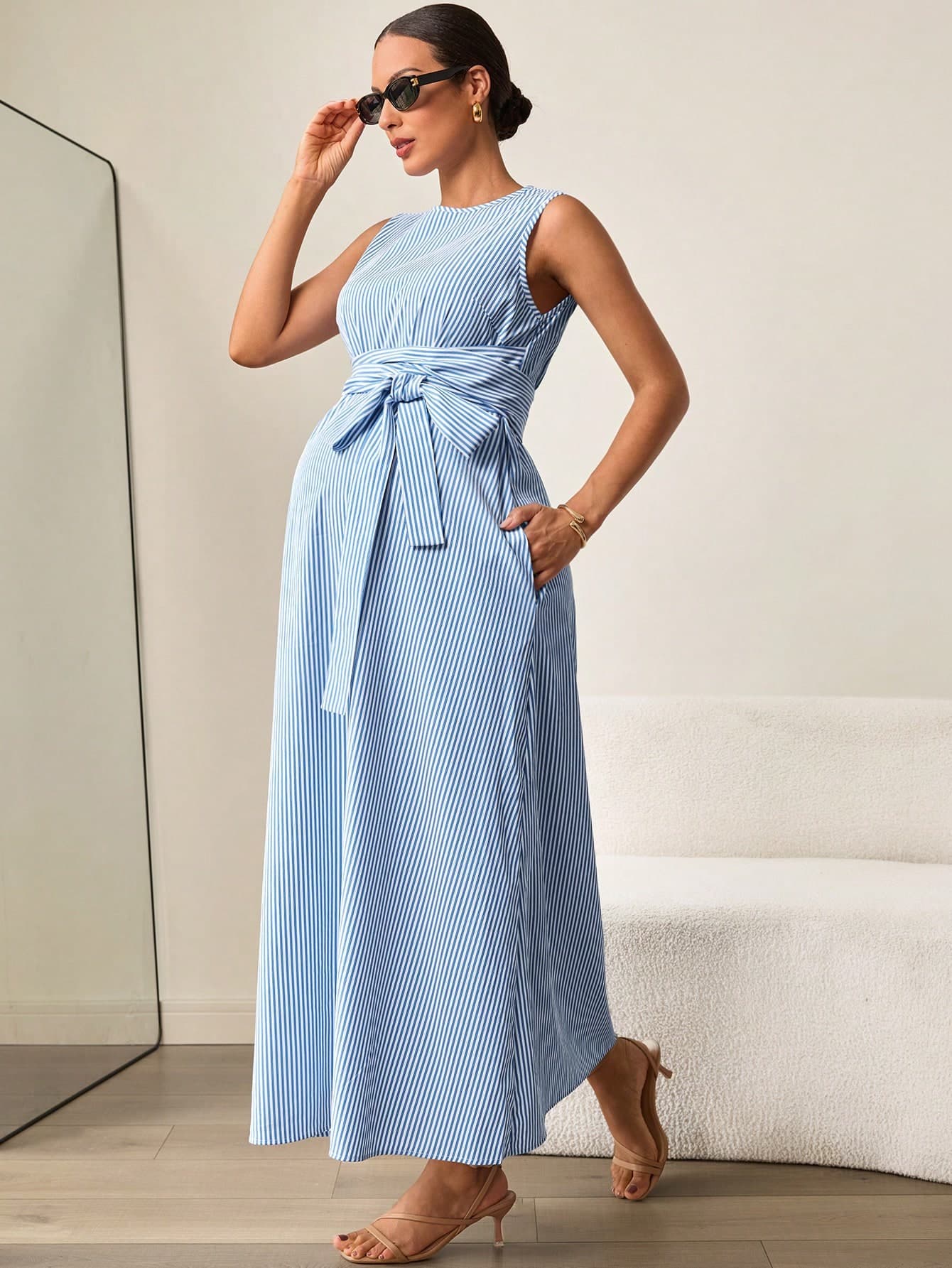 MaterniWear Maternity Striped Round Neck Tie-Waist Pocket Casual Sleeveless Dress