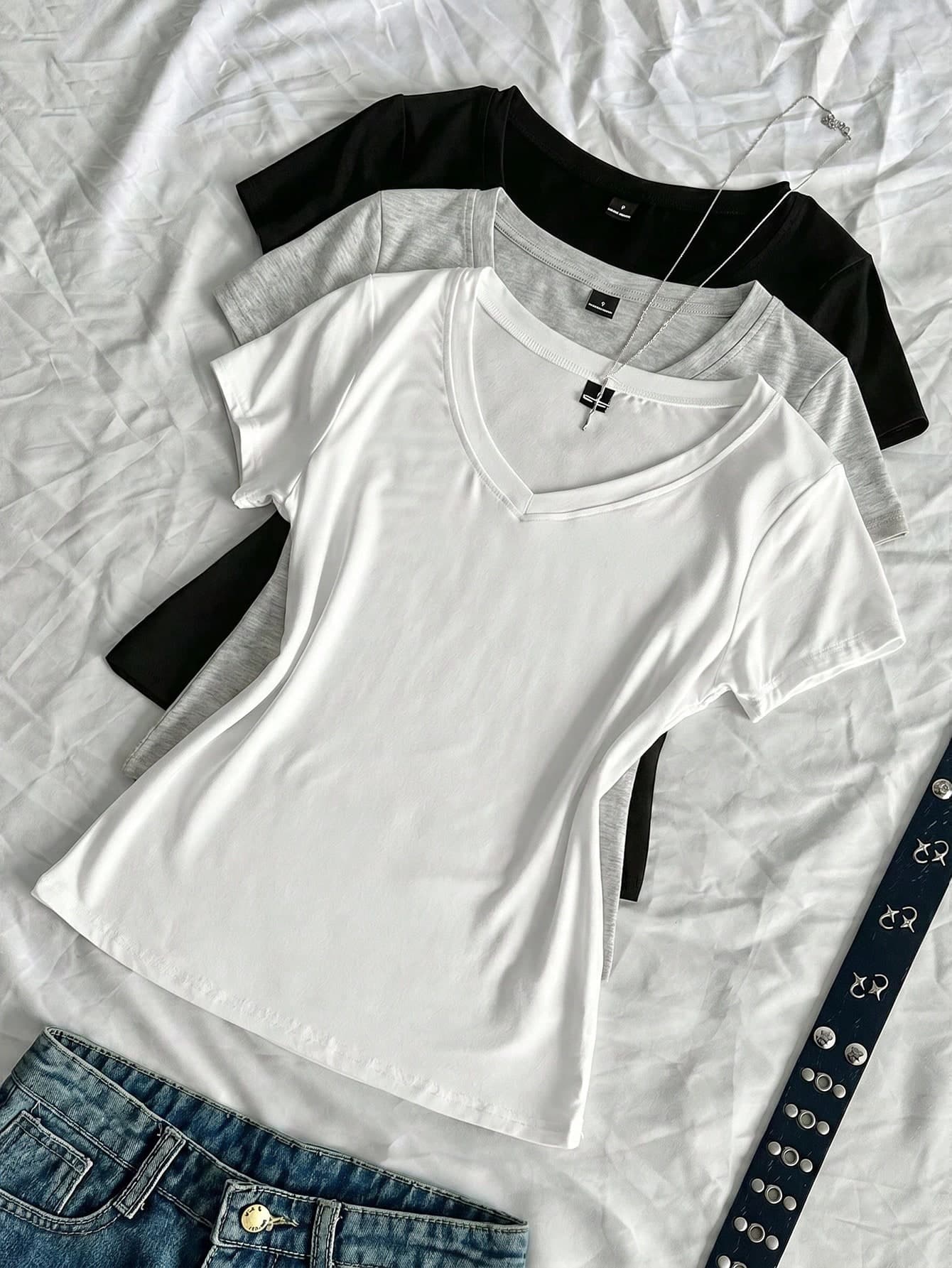 SHEIN EZwear 3pcs Women's Summer V-Neck Tight T-Shirts, Punk Subculture Anime Solid Color Basic V-Neck Short Sleeve Slim Fit T-Shirts,Summer Top