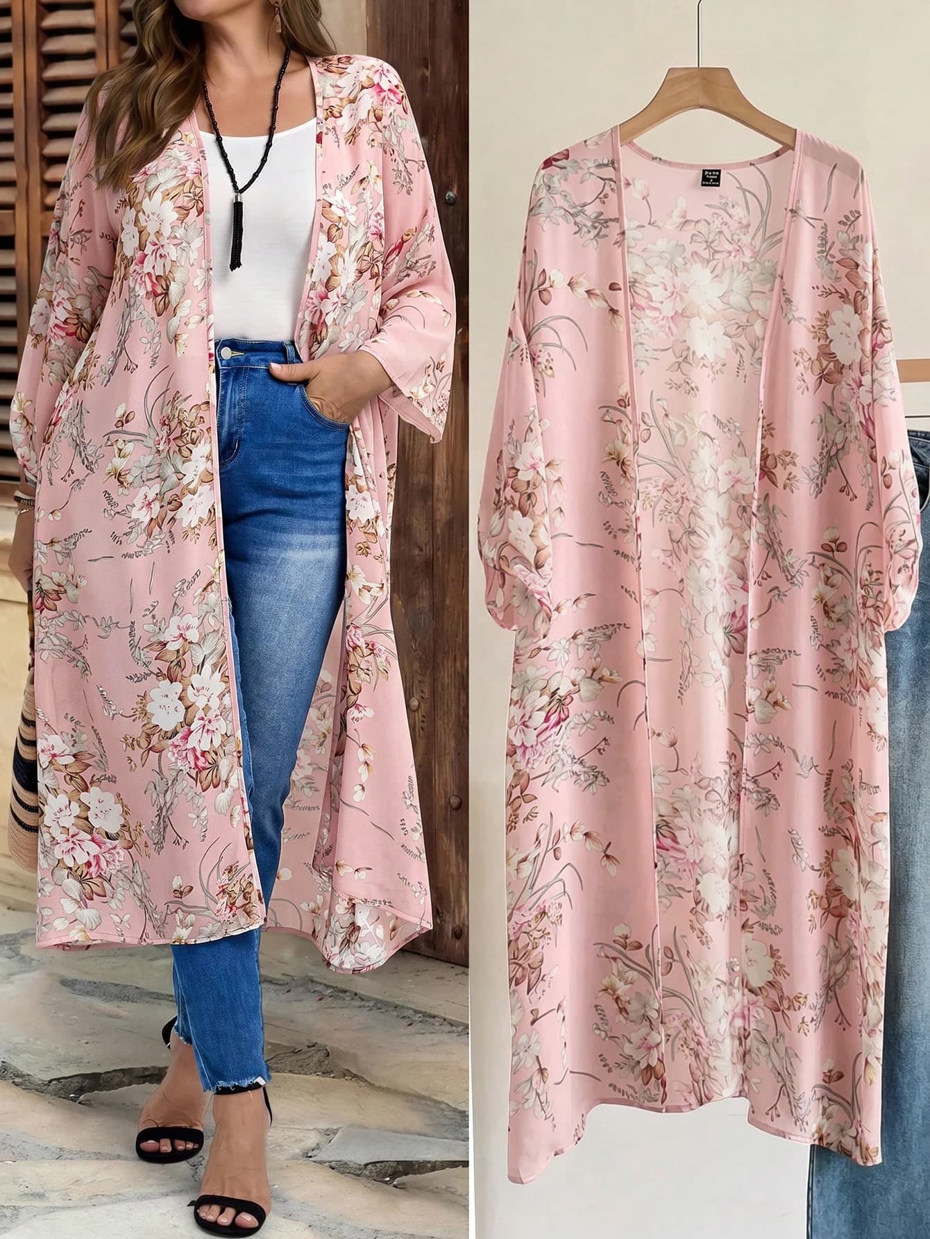 EMERY ROSE Plus Size Women Casual Floral Print Long Jacket