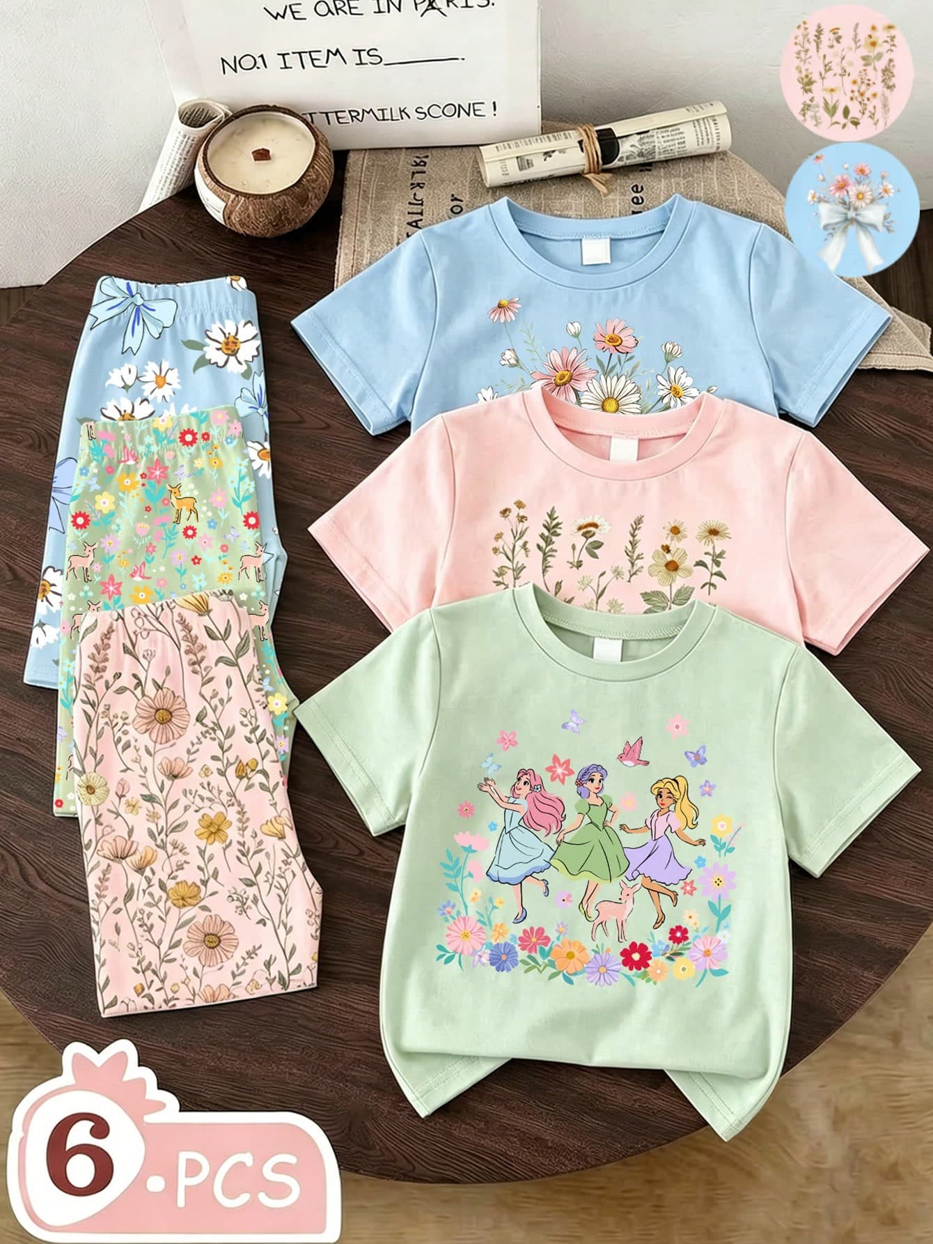 6pcs/Set 4-7 Years Old Girls Floral Princess Print Short Sleeve T-Shirt + Printed Pants Set,Cute Summer Lightweight Outfit For Daily Wear,Sage Green
