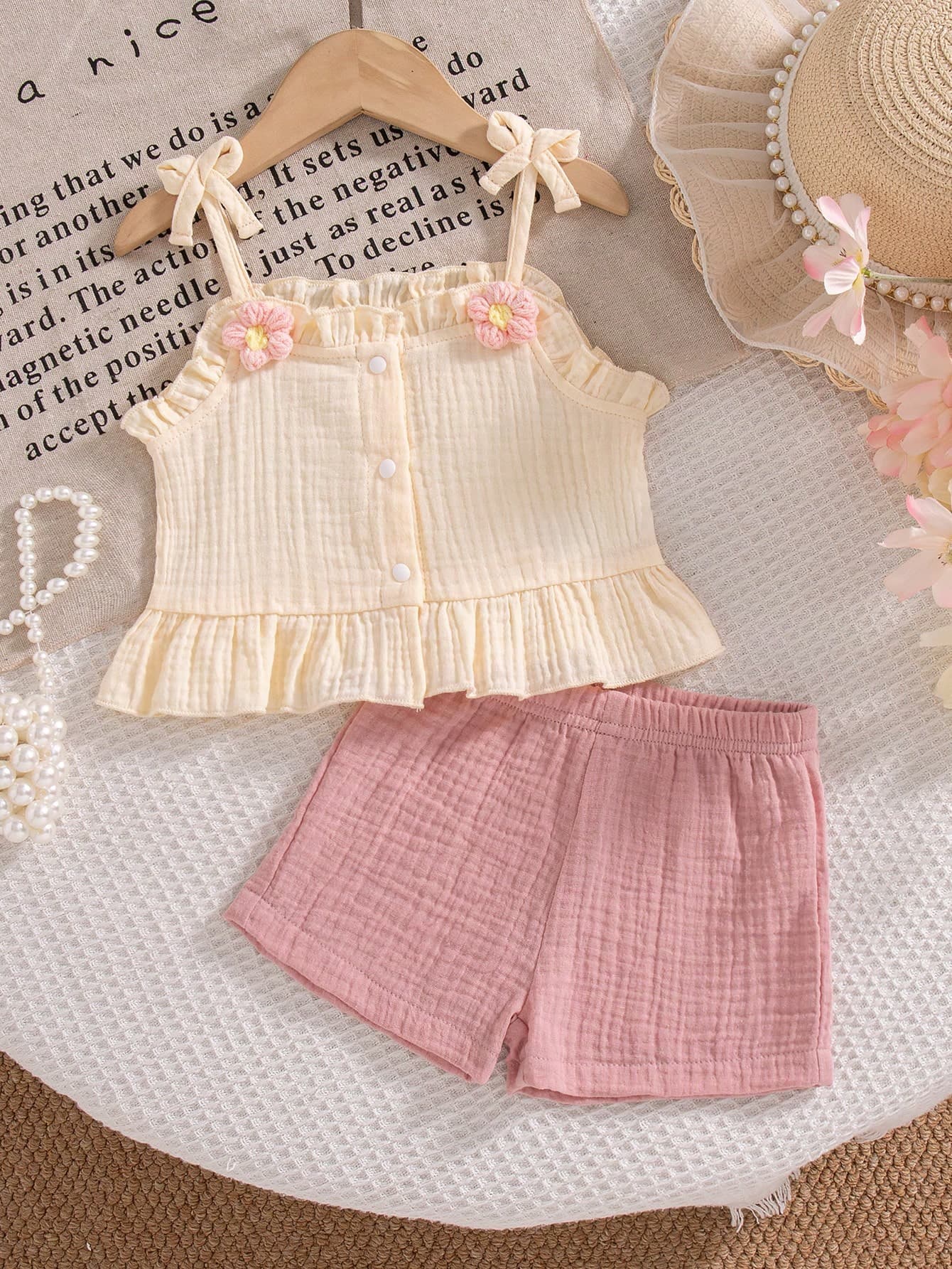 Souflis Souflis Baby Girls' Vest Strap 2-Piece Set Red And White Plaid Summer Cute Vacation Countryside Floral Embroidery Pattern Fashionable Outfit For Outings