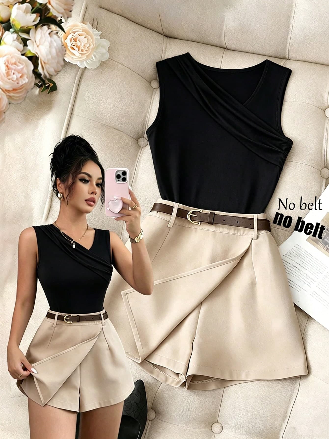 Franclia Brown Elastic Knit Fitted Sleeveless Top & Apricot Fashionable Pants - Women 2 Pieces Set