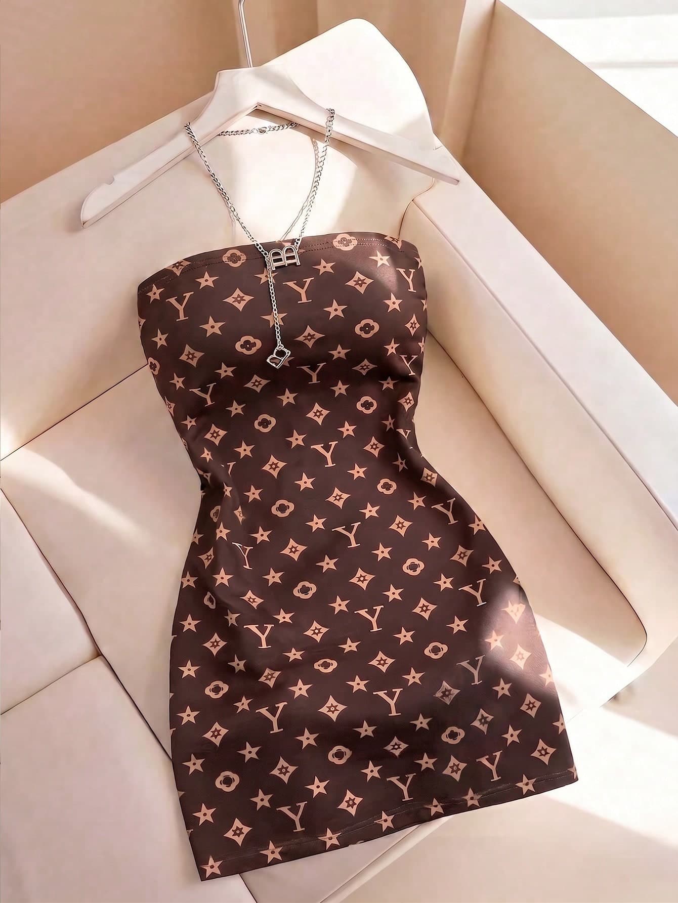 Resyla Coffee Color Base Khaki Floral Print Sleeveless Casual Dress For Women