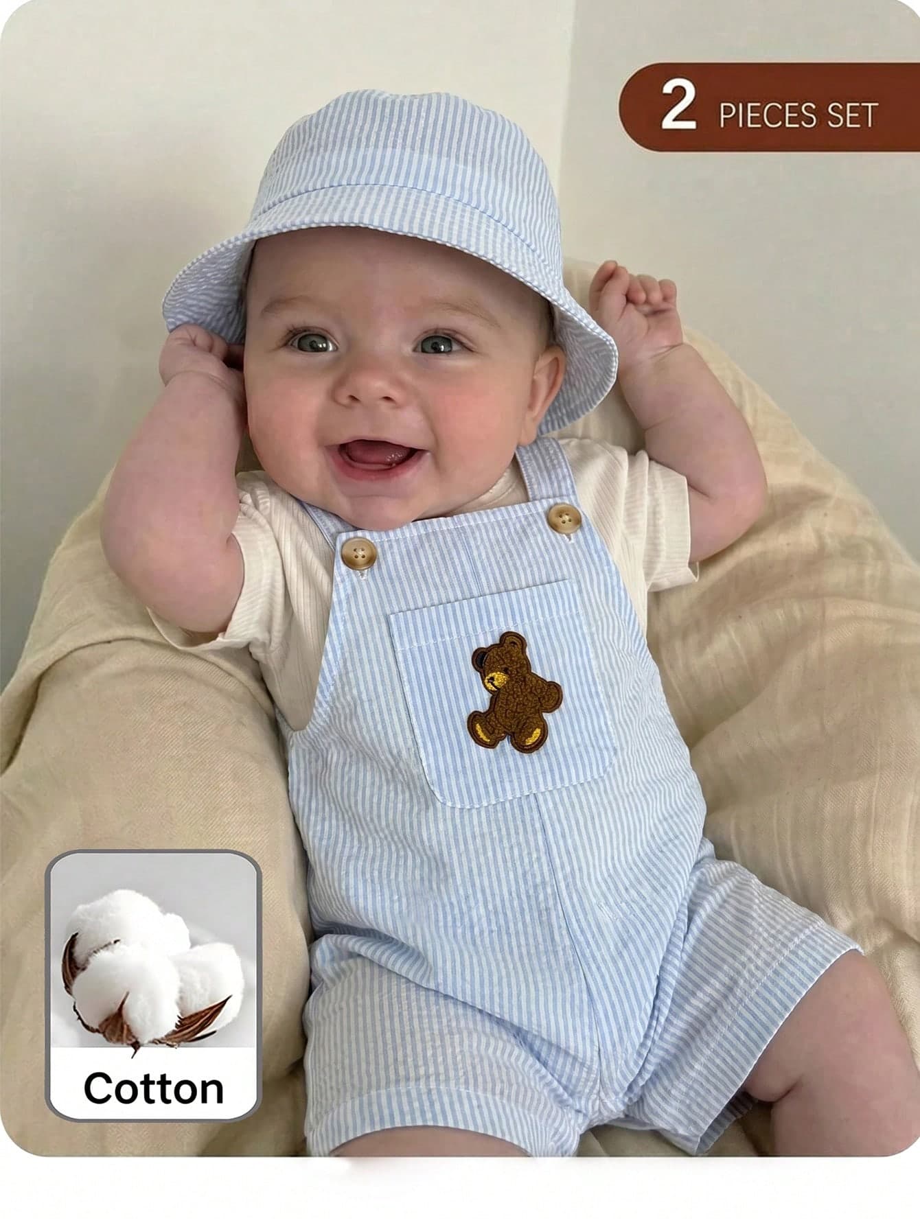 SHEIN Newborn Baby Boy Cute Summer Versatile Cartoon Duck Striped Romper & Hat Set