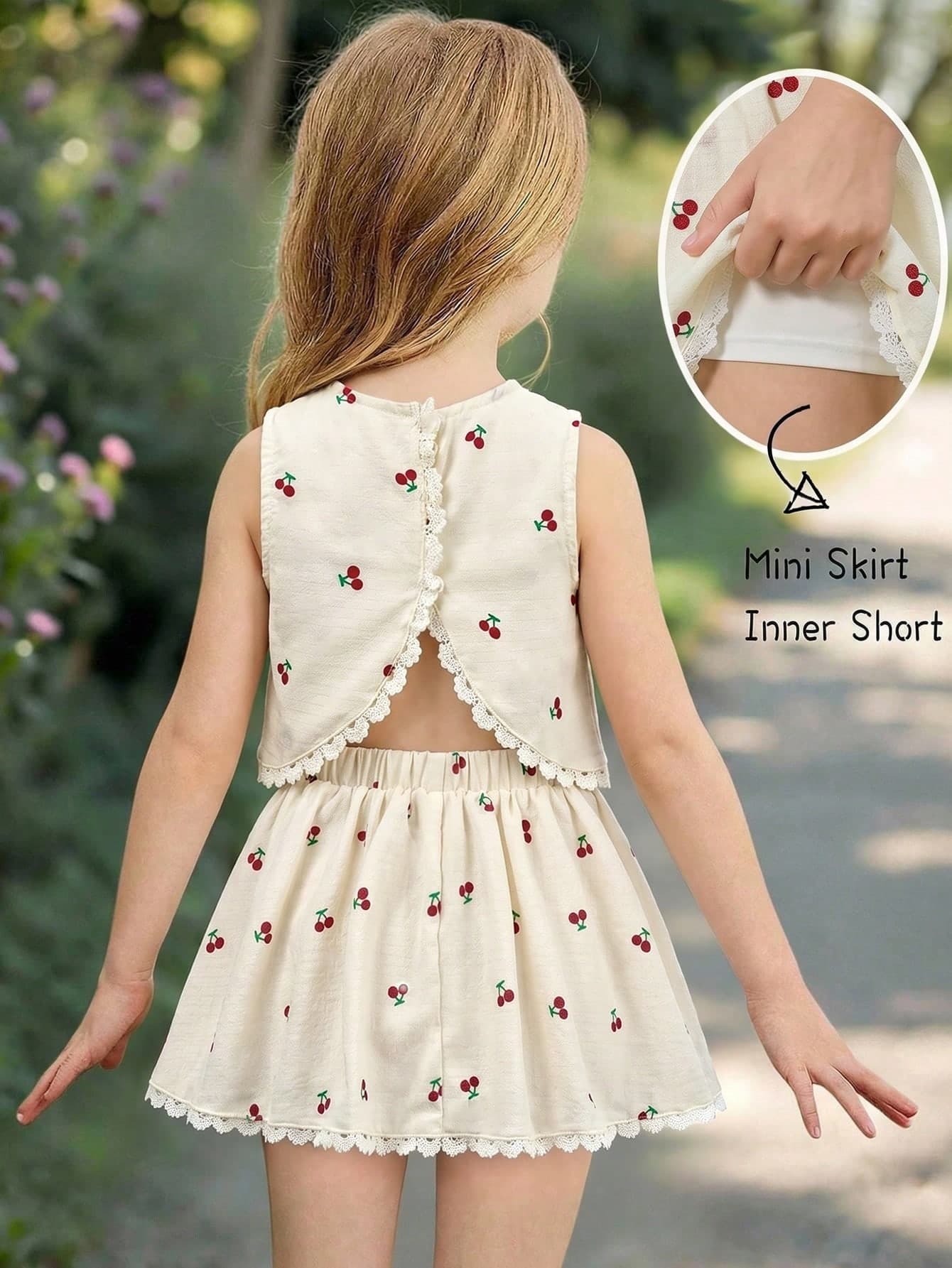 Emery Rose Kids Emery Rose Kids Young Girl 2-Piece Set: Ditsy Floral Lace Trim Sleeveless Top And Skirt
